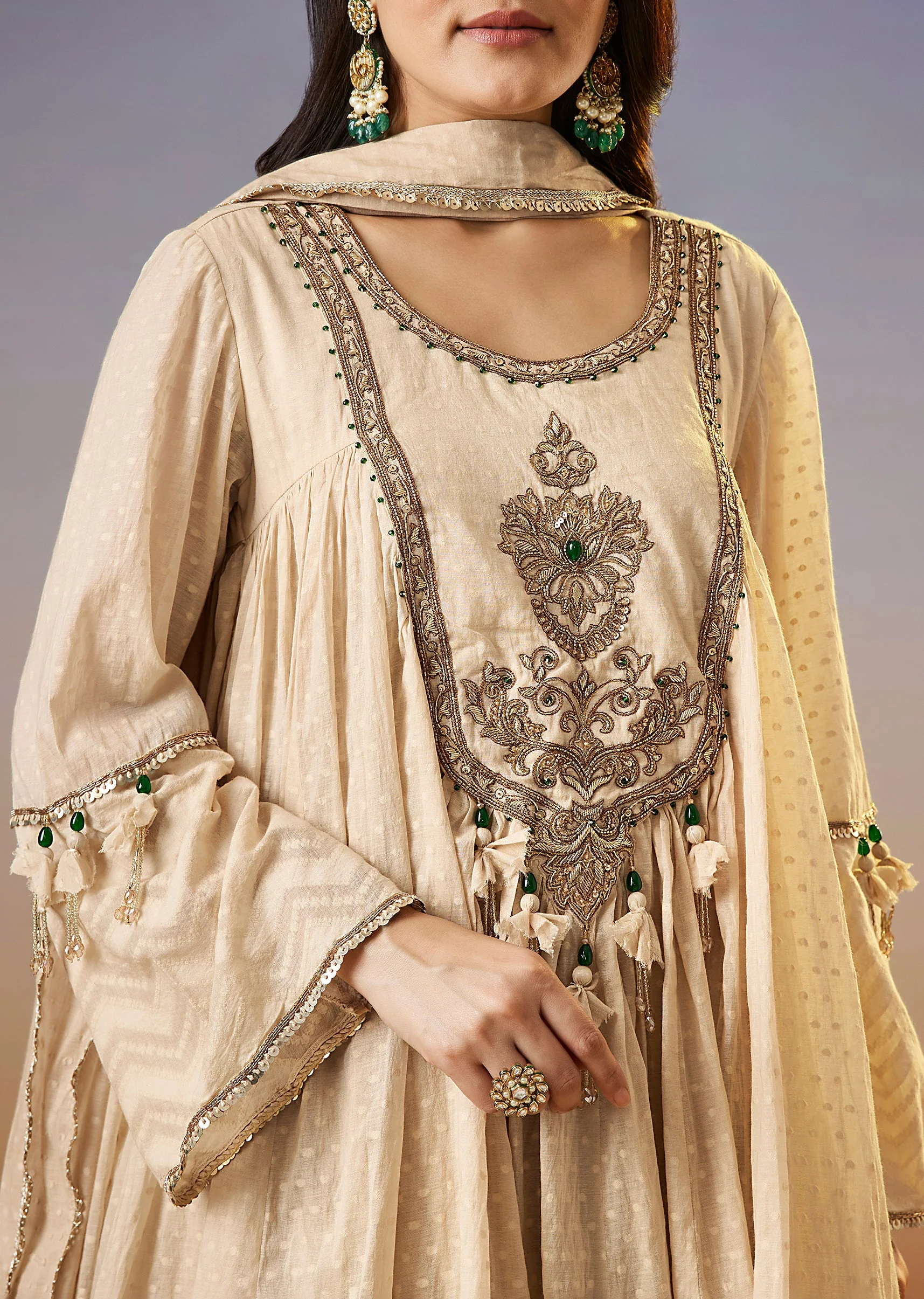 Cream Zardosi Chanderi Palazzo Suit With Dupatta - Image 2