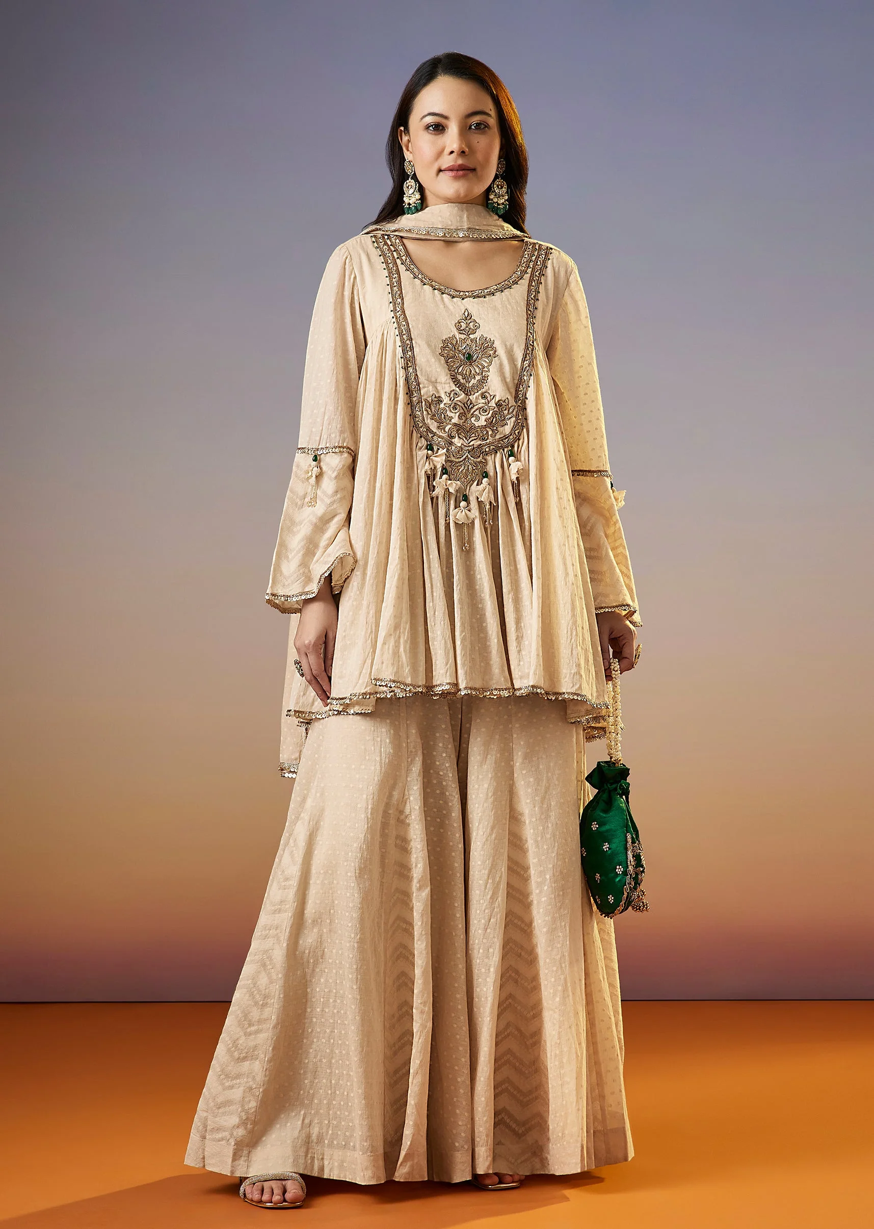 Cream Zardosi Chanderi Palazzo Suit With Dupatta - Image 3