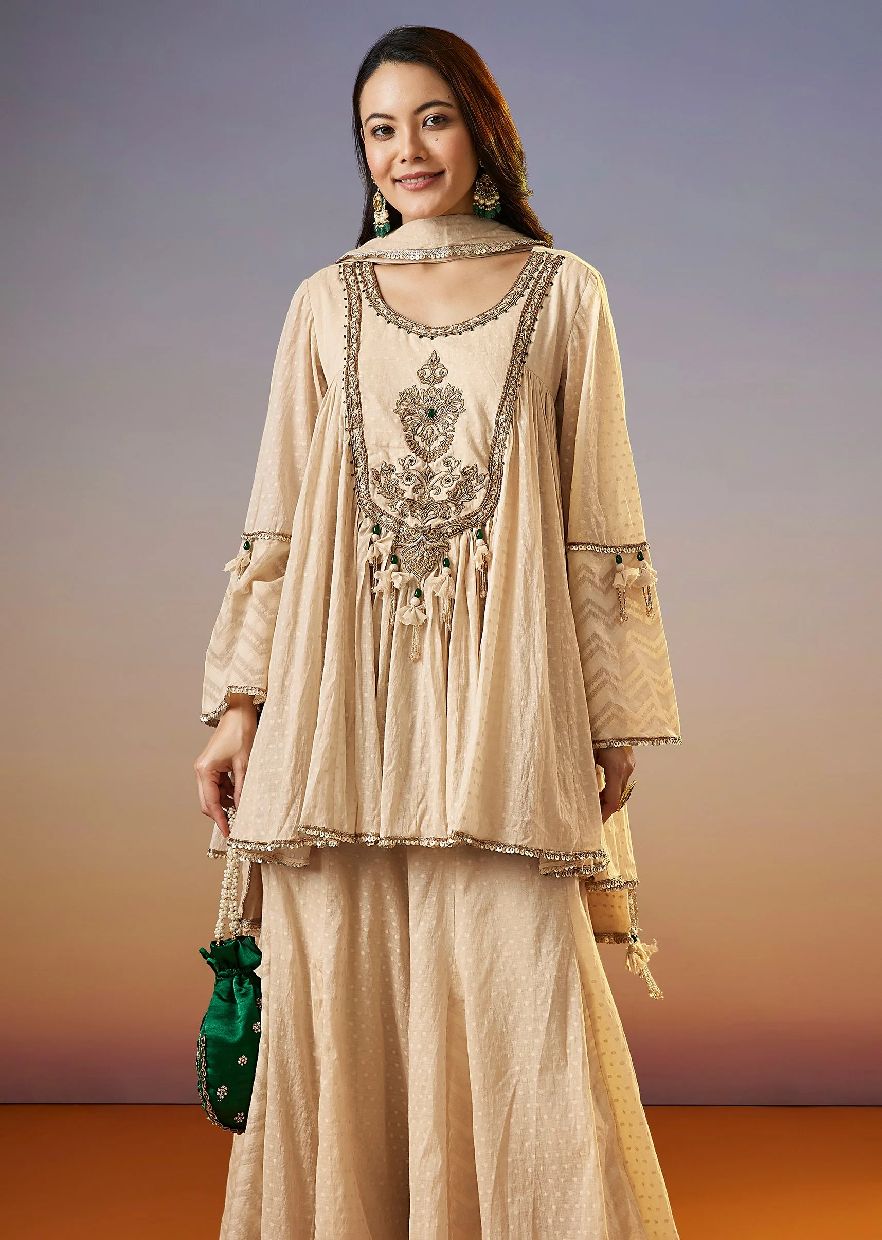 Cream Zardosi Chanderi Palazzo Suit With Dupatta - Image 4