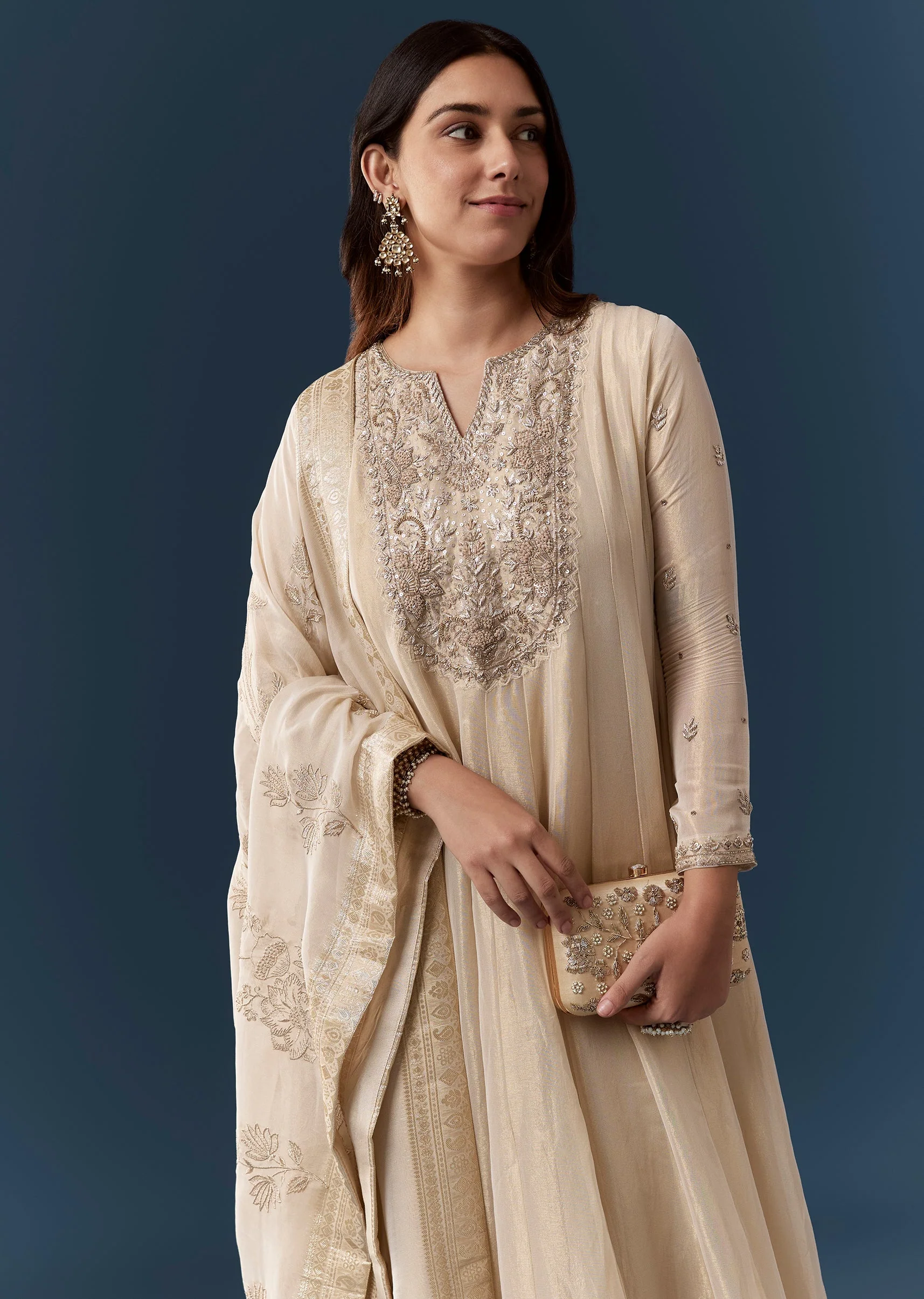 Cream Zardozi Work Anarkali Set - Image 2
