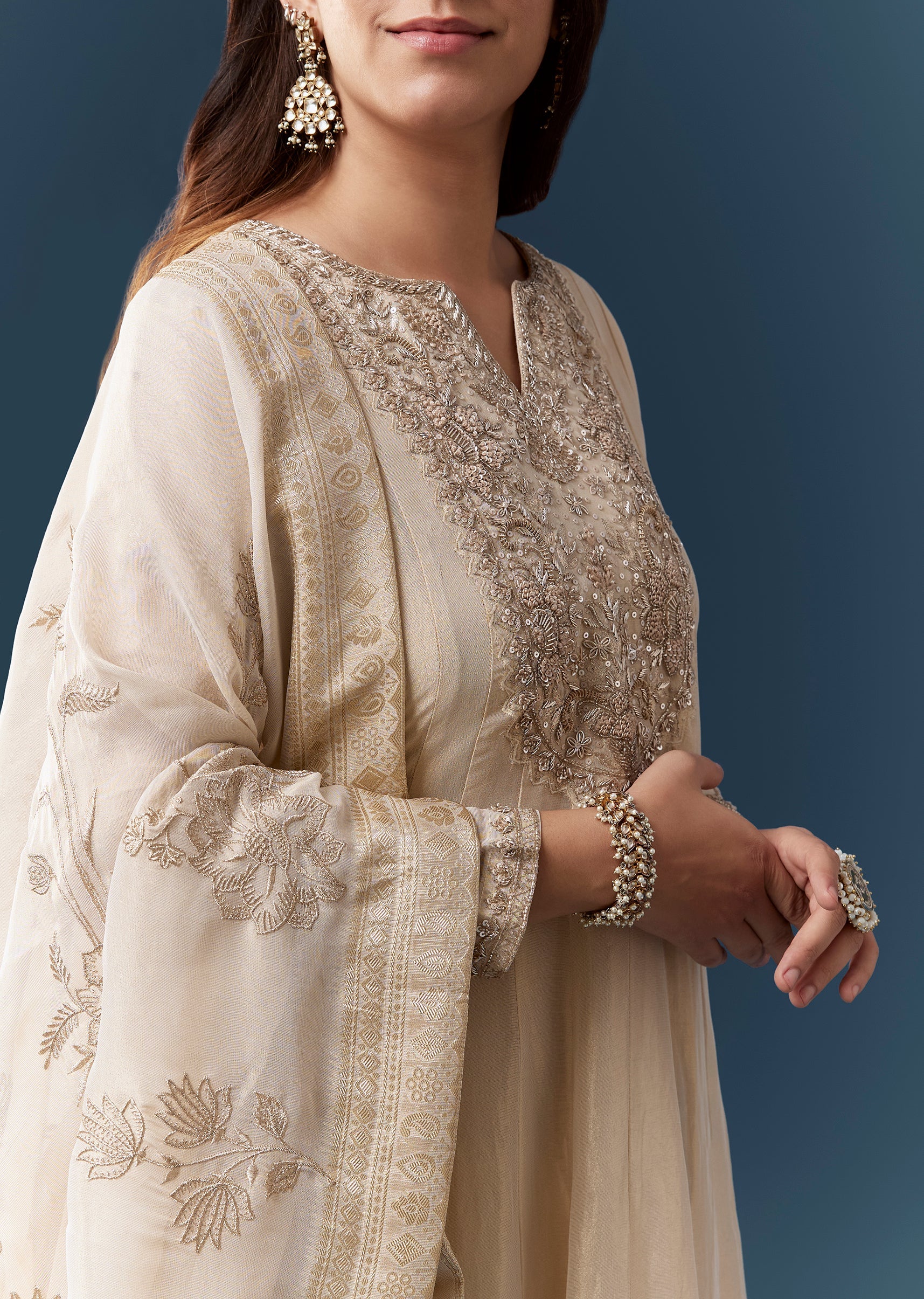 Cream Zardozi Work Anarkali Set - Image 4