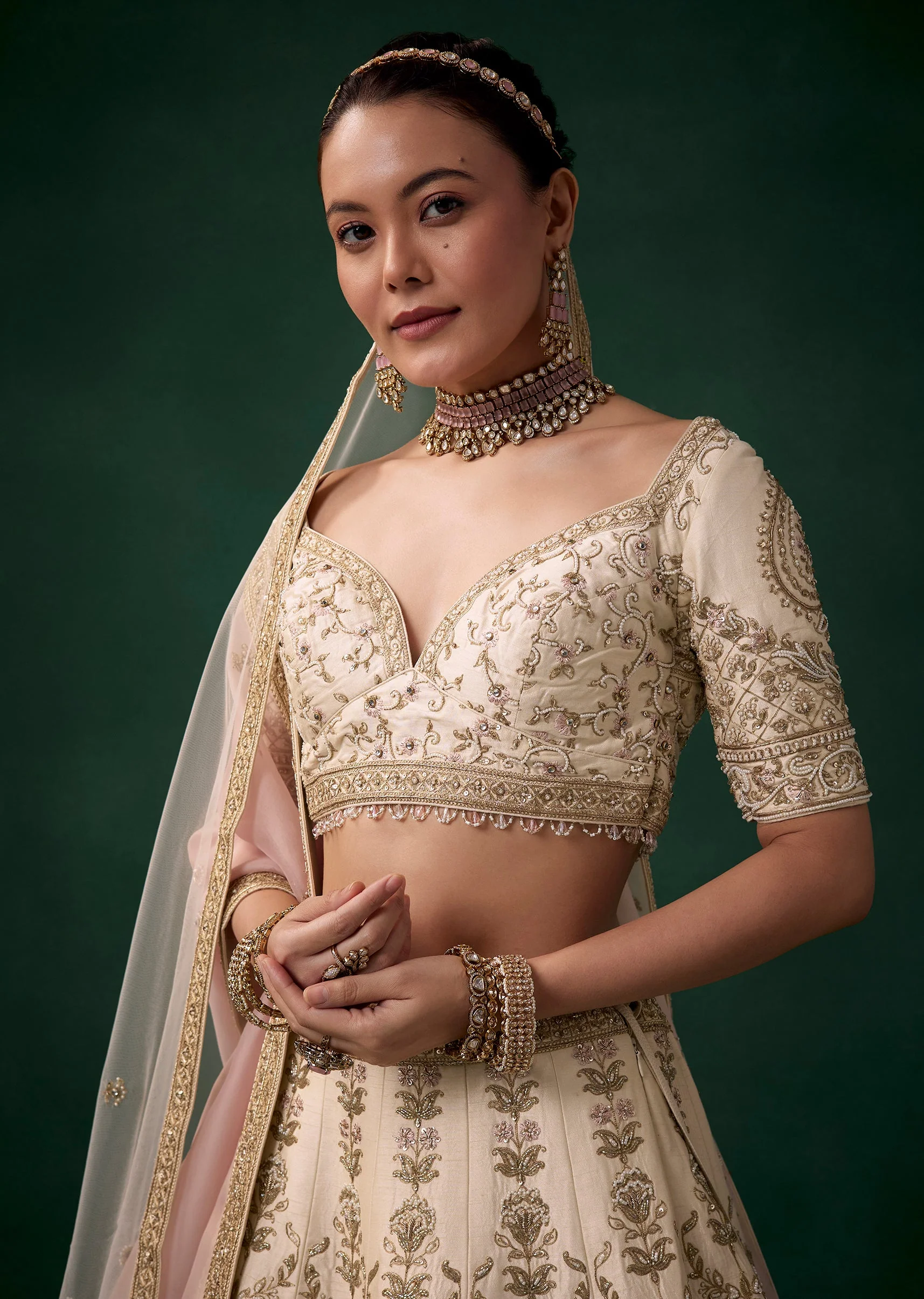Cream Zari Embroidered Bridal Lehenga Set - Image 3