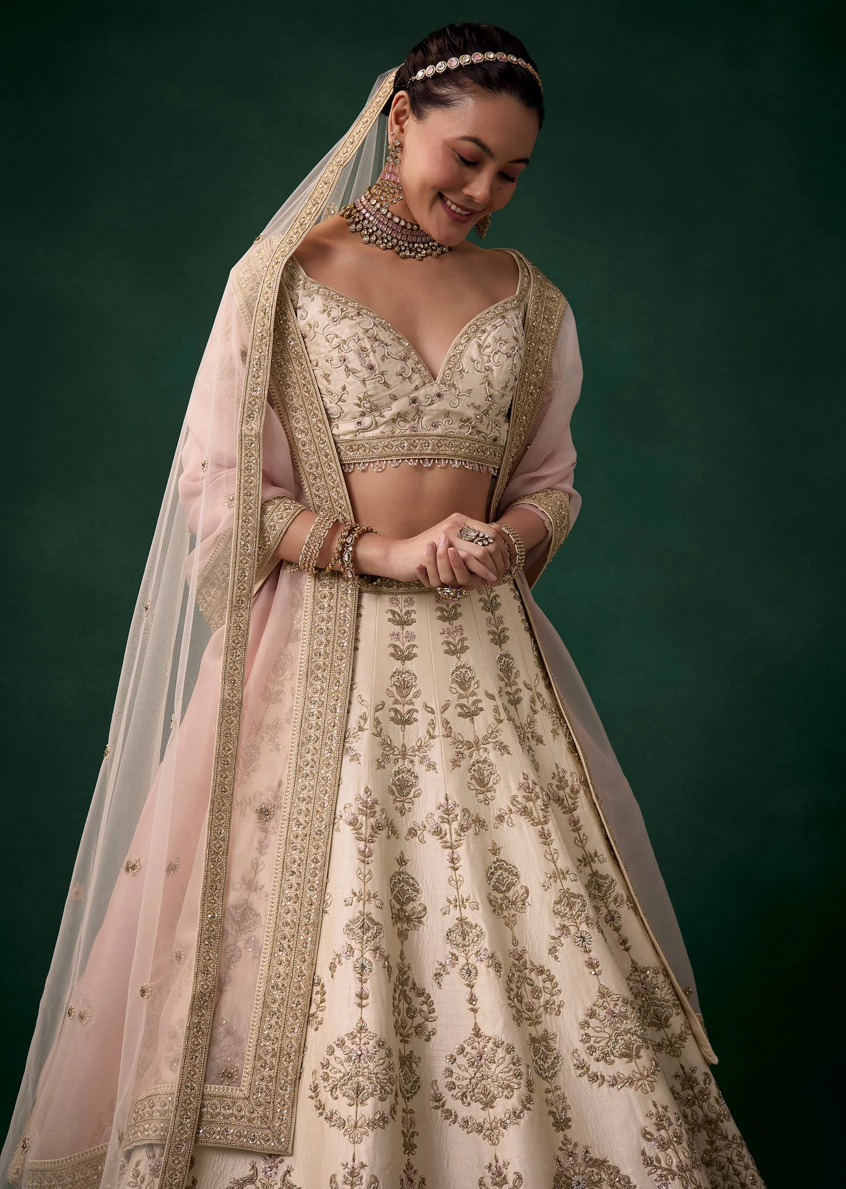 Cream Zari Embroidered Bridal Lehenga Set - Image 6