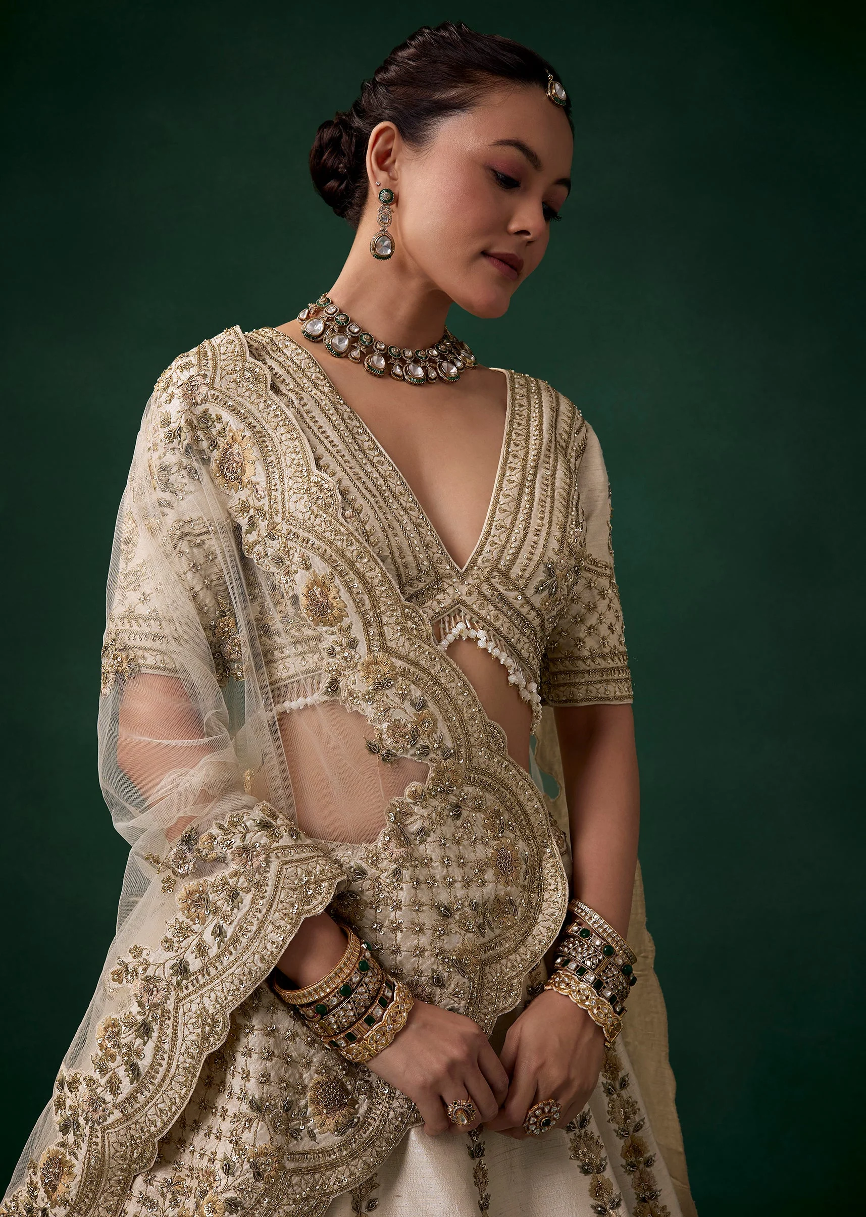 Cream Zari Embroidered Bridal Lehenga Sets - Image 3