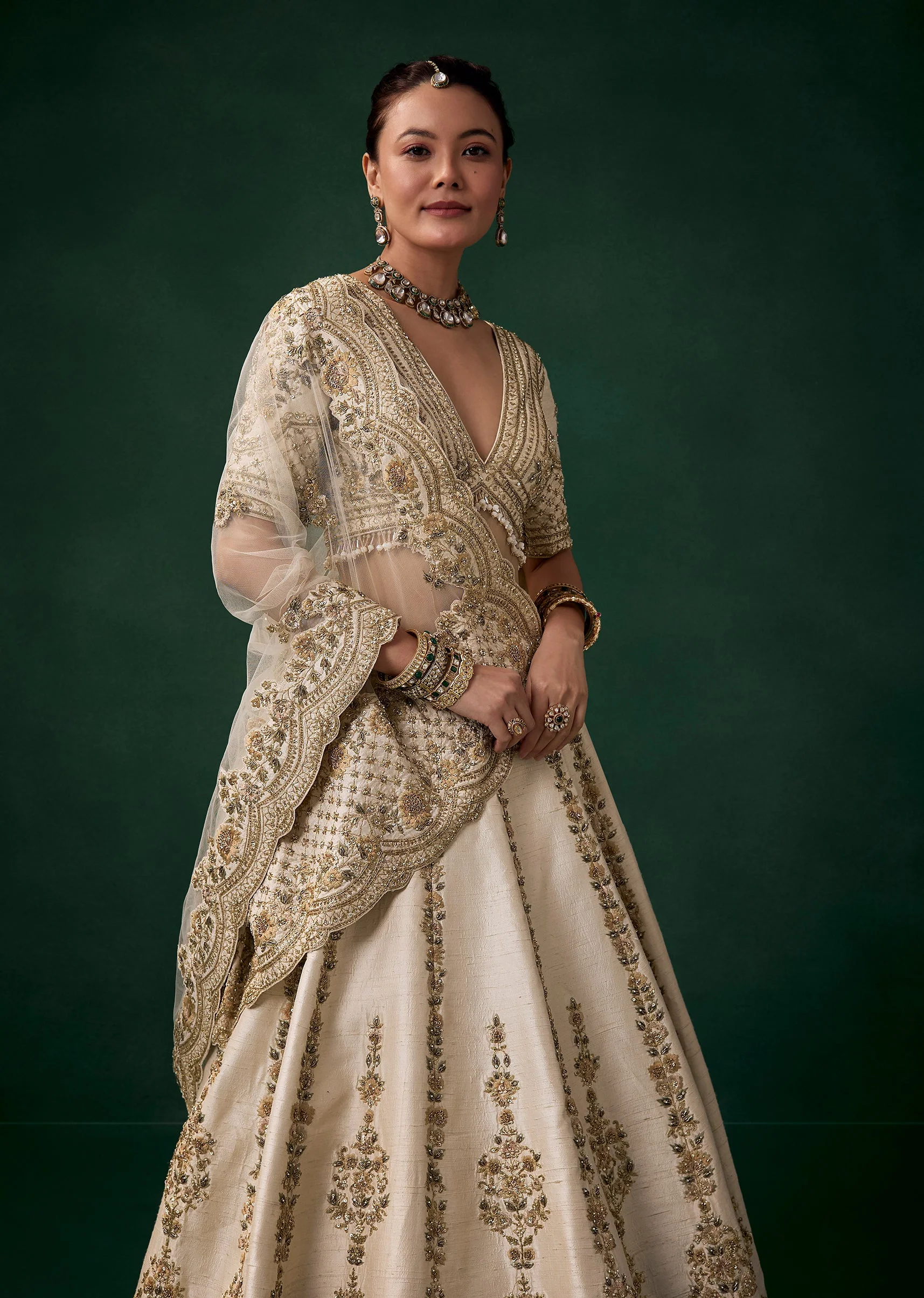Cream Zari Embroidered Bridal Lehenga Sets - Image 6