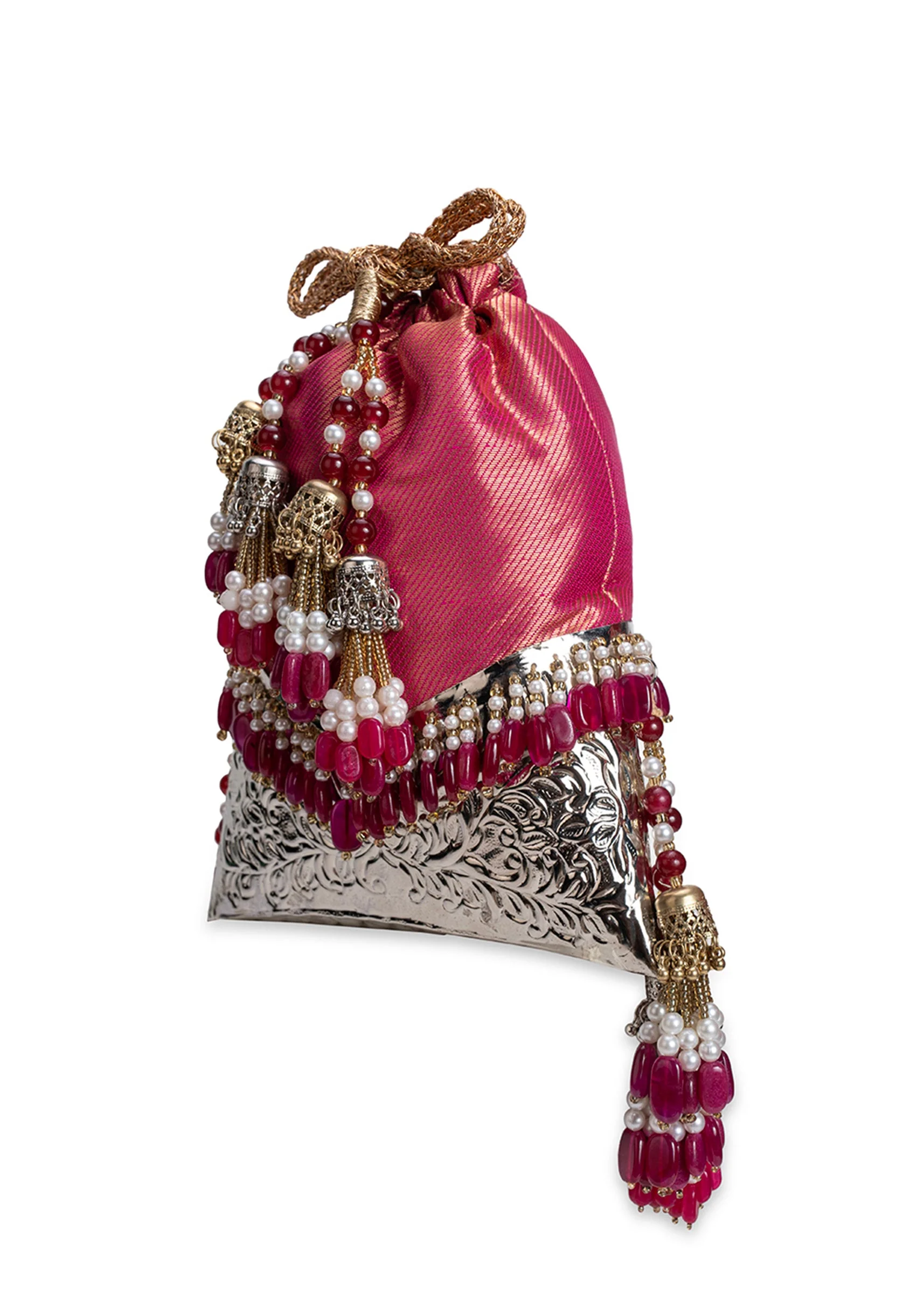 Crimson Red Brocade Embellished Potli - Image 5