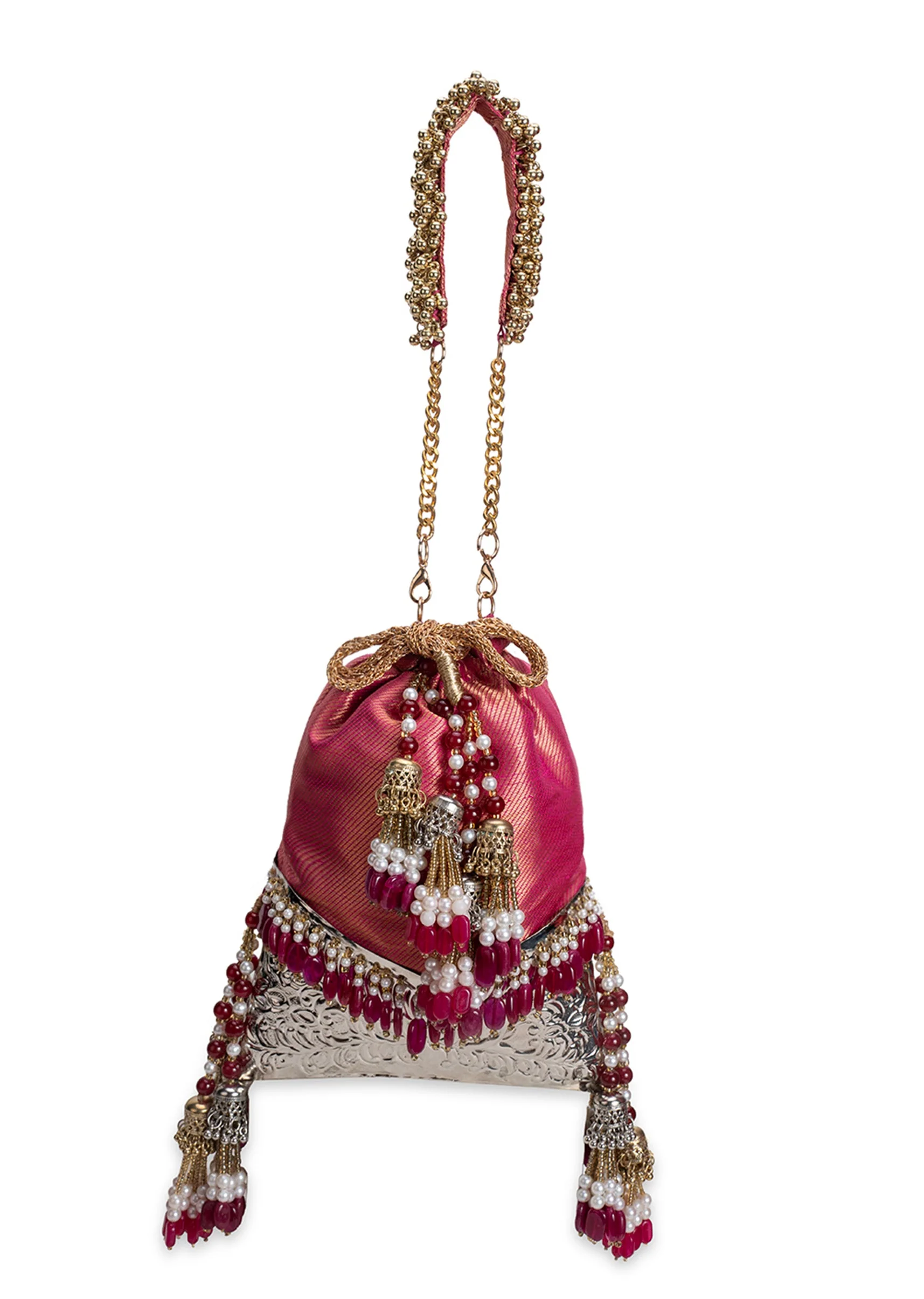 Crimson Red Brocade Embellished Potli - Image 7