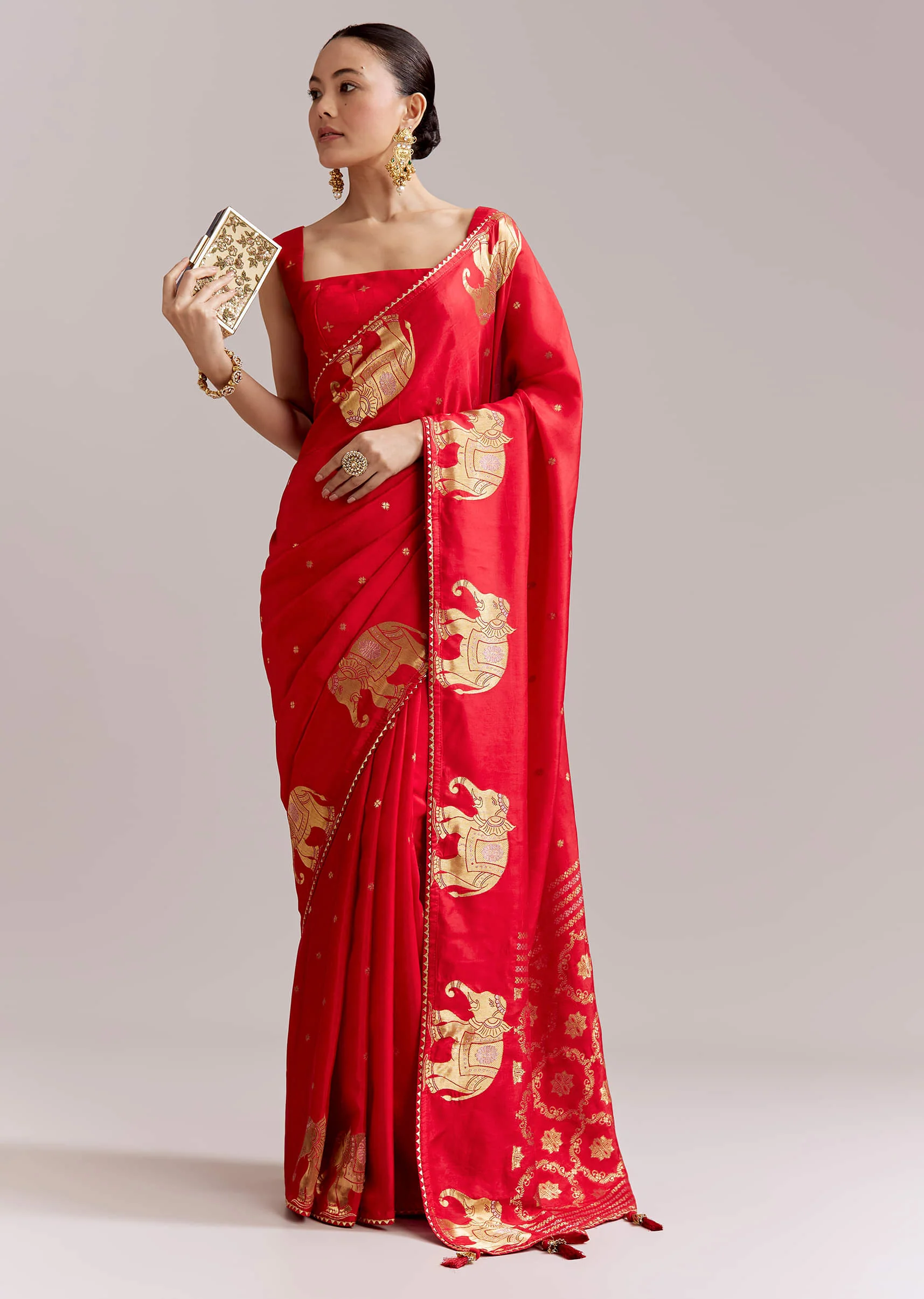 Crimson Red Chinon Woven Saree With Elephant Motifs