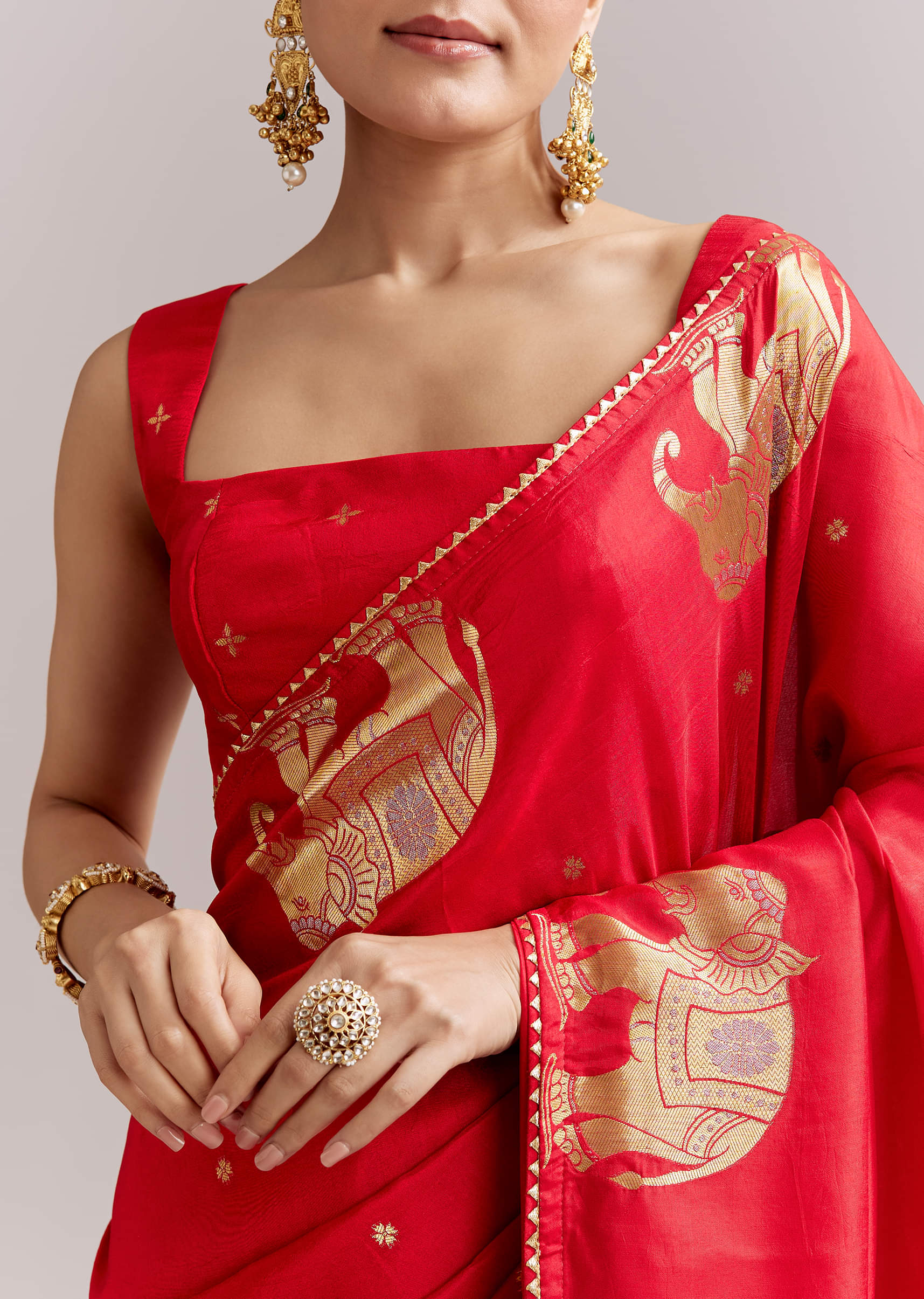 Crimson Red Chinon Woven Saree With Elephant Motifs - Image 2