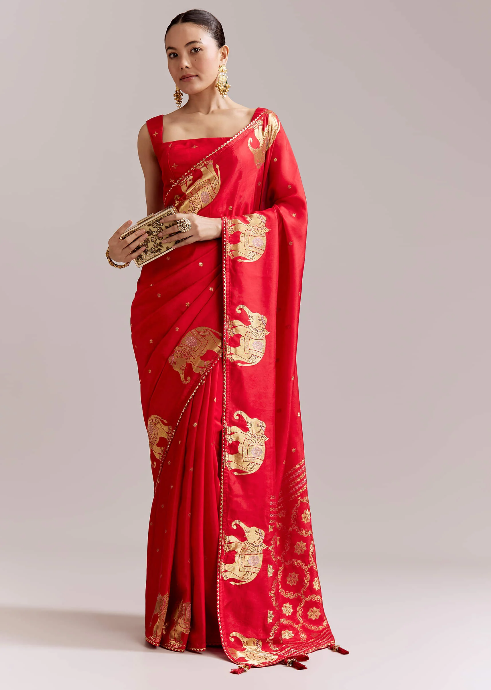 Crimson Red Chinon Woven Saree With Elephant Motifs - Image 3
