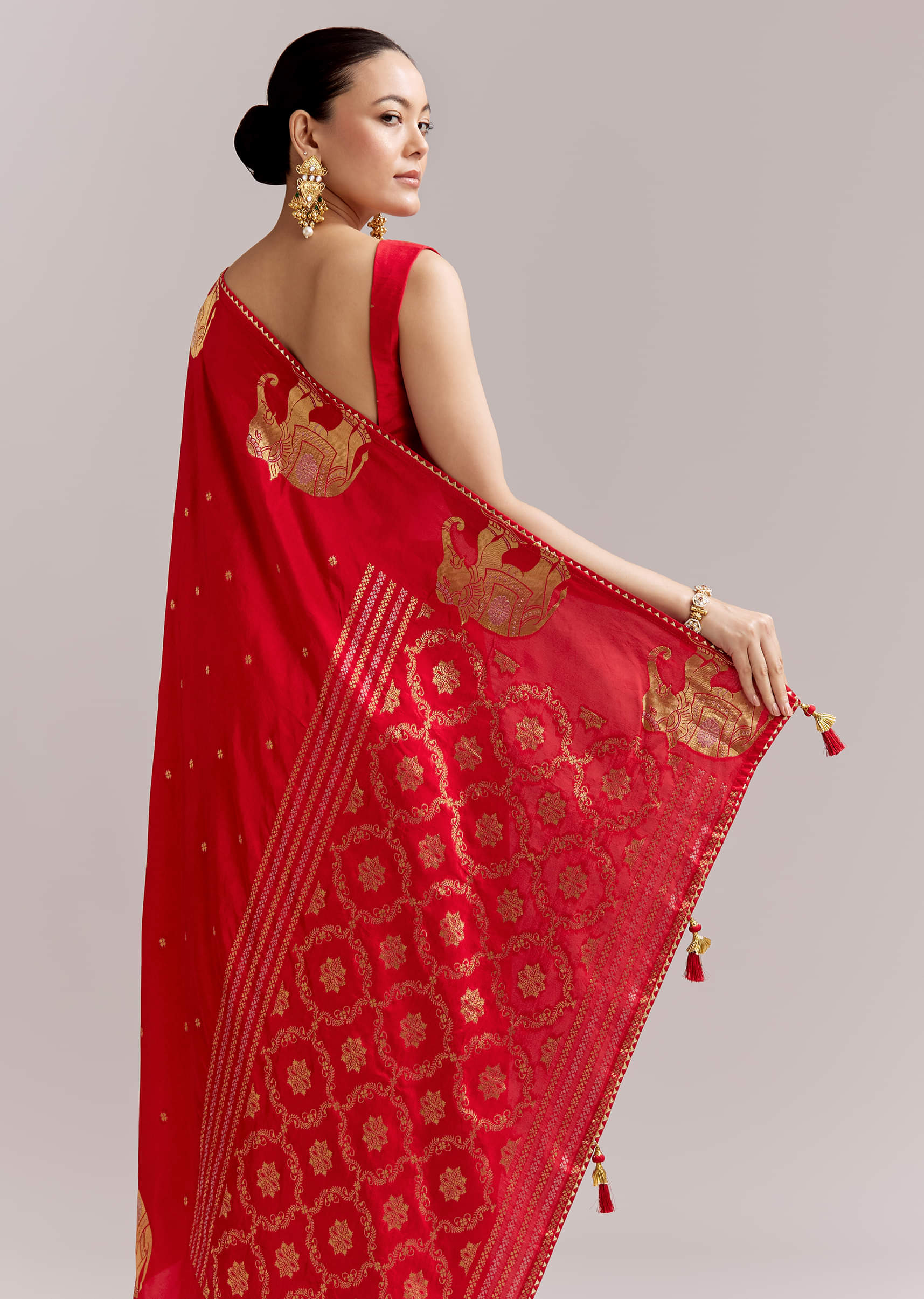 Crimson Red Chinon Woven Saree With Elephant Motifs - Image 6