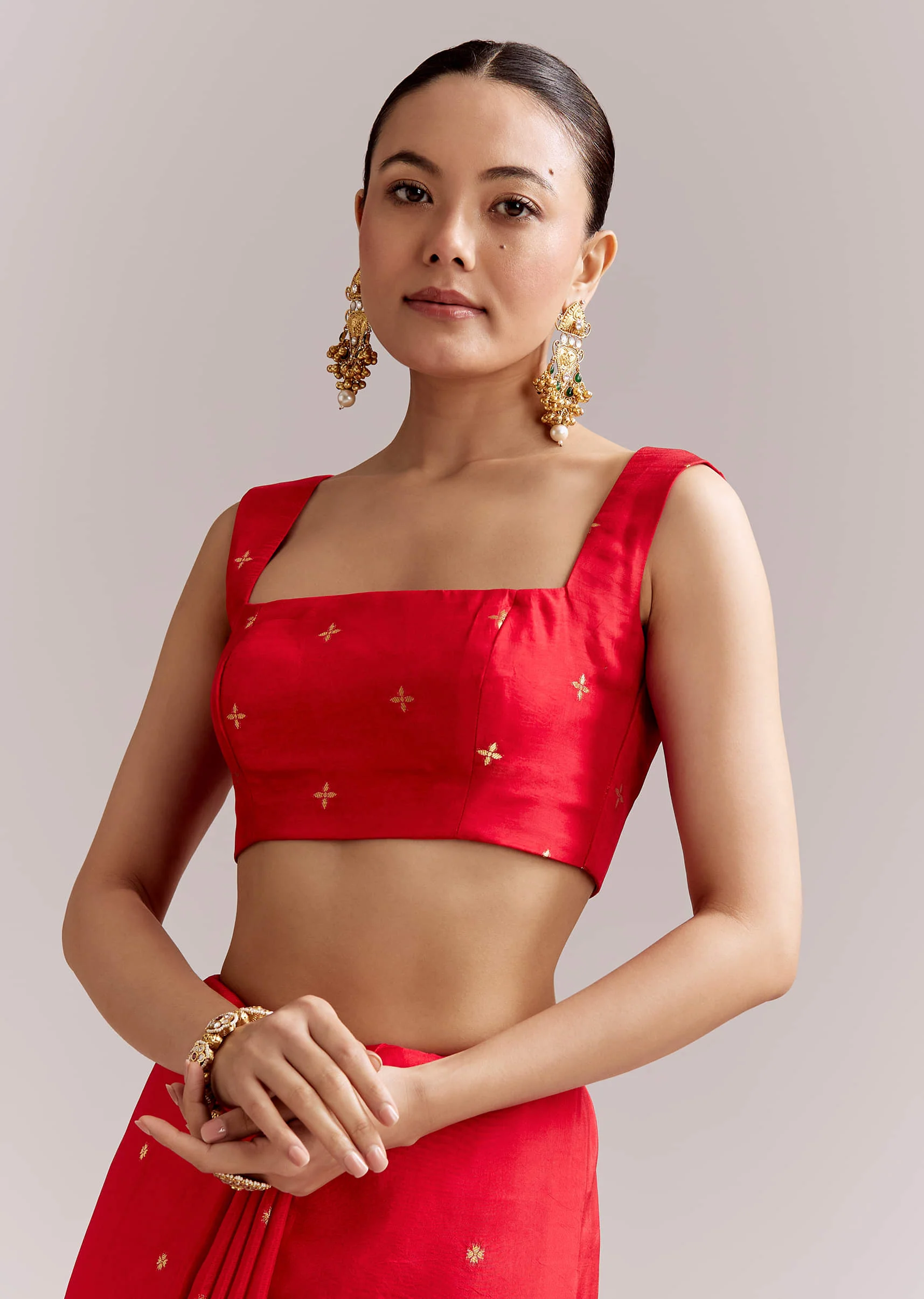 Crimson Red Chinon Woven Saree With Elephant Motifs - Image 7