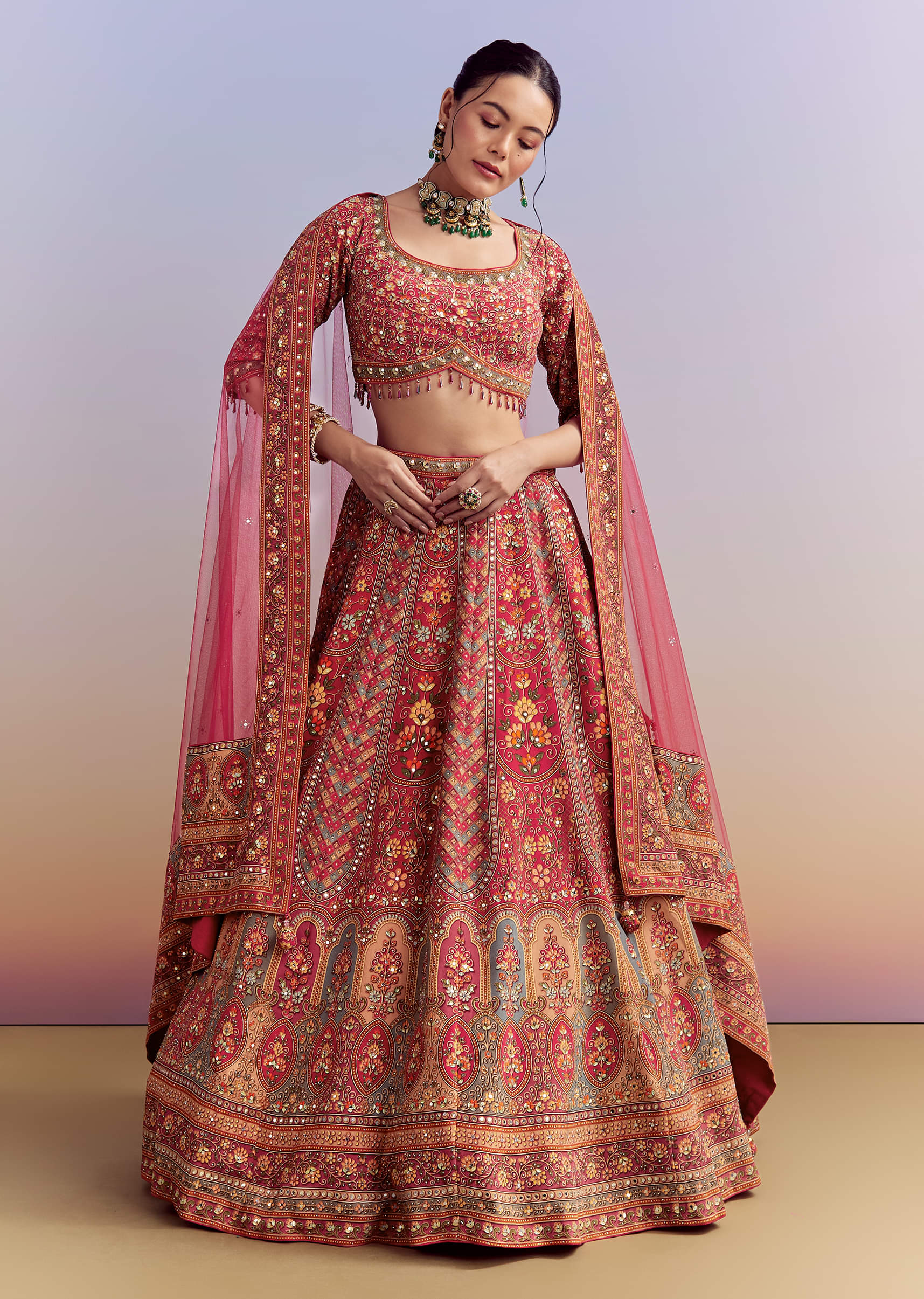 Crimson Red Crepe Printed Bridesmaid Lehenga With Embroidery - Image 4