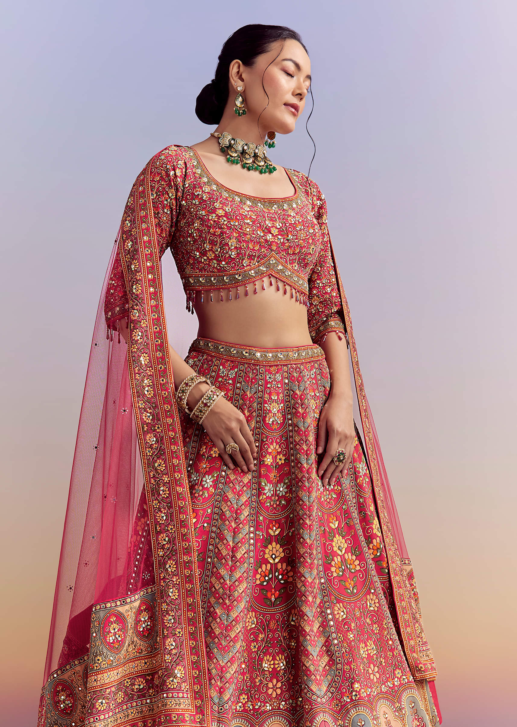 Crimson Red Crepe Printed Bridesmaid Lehenga With Embroidery - Image 5