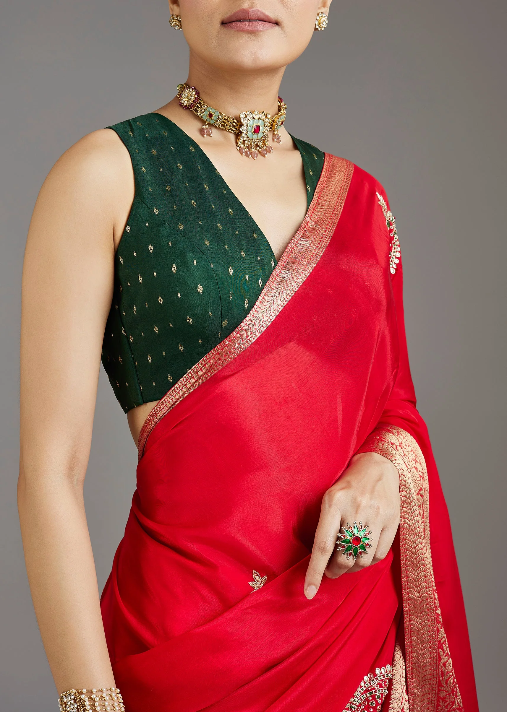 Crimson Red Crepe Saree - Image 2