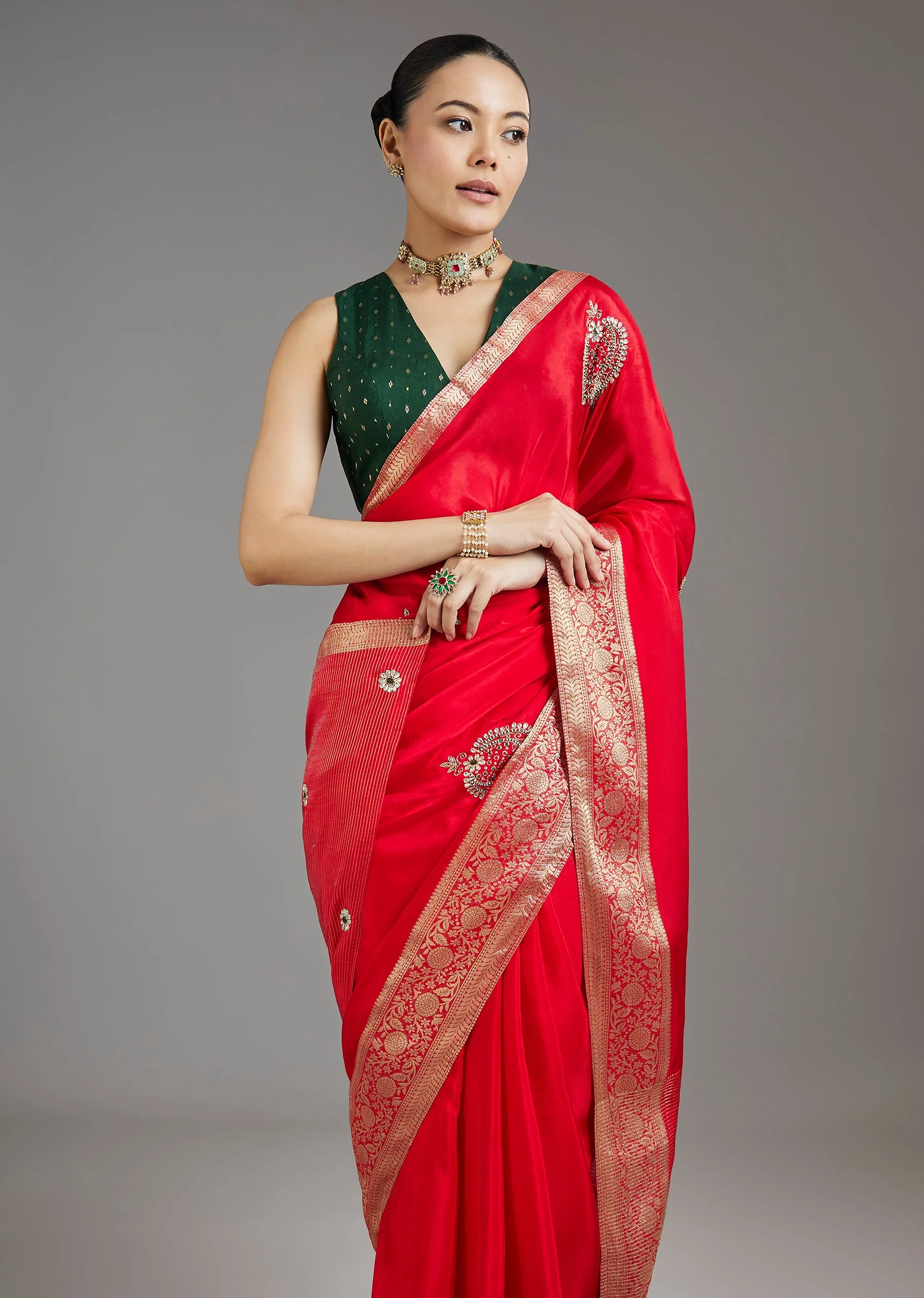 Crimson Red Crepe Saree - Image 5