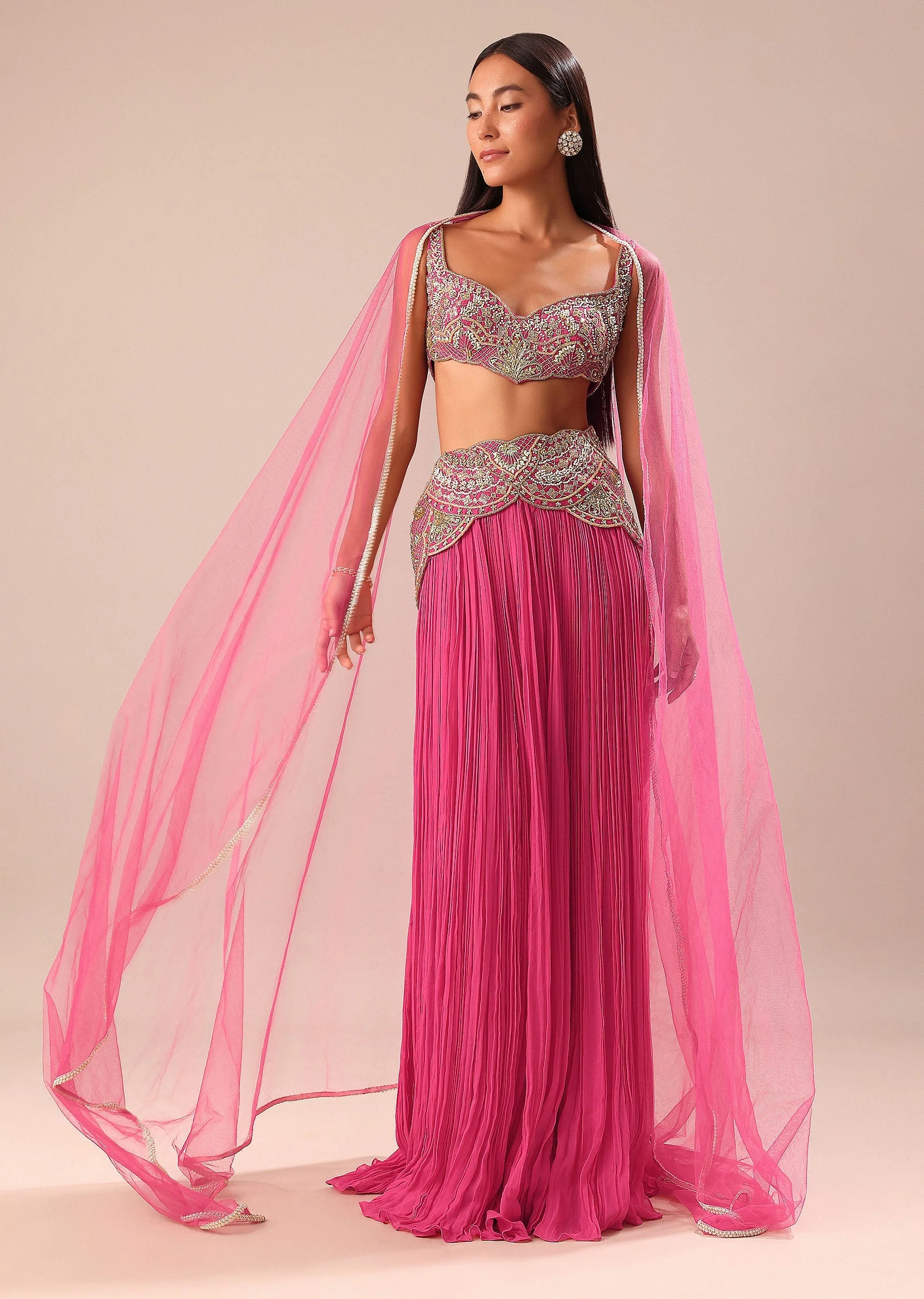 Crimson Red Palazzo With Embroidered Blouse And Cape - Image 3