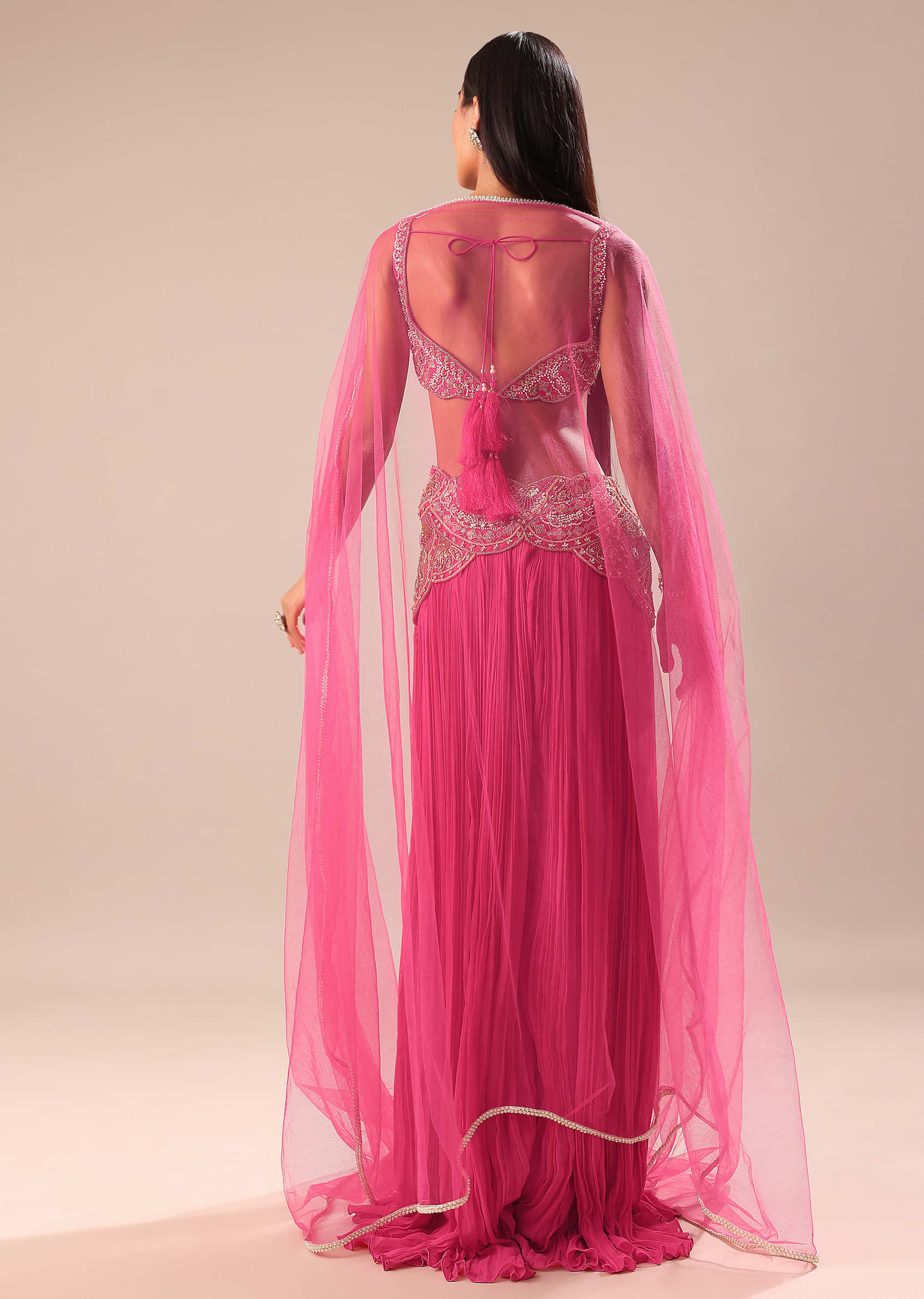 Crimson Red Palazzo With Embroidered Blouse And Cape - Image 5