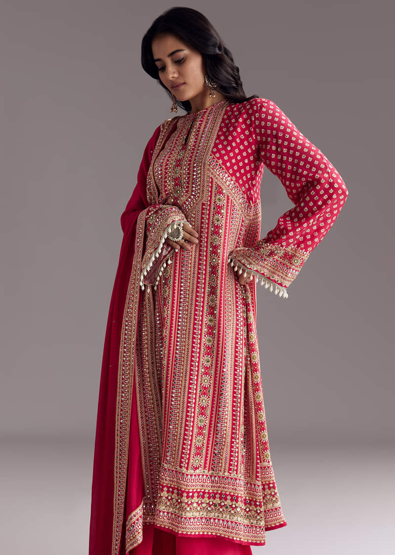 Crimson Red Printed Kurta Palazzo Set - Image 4