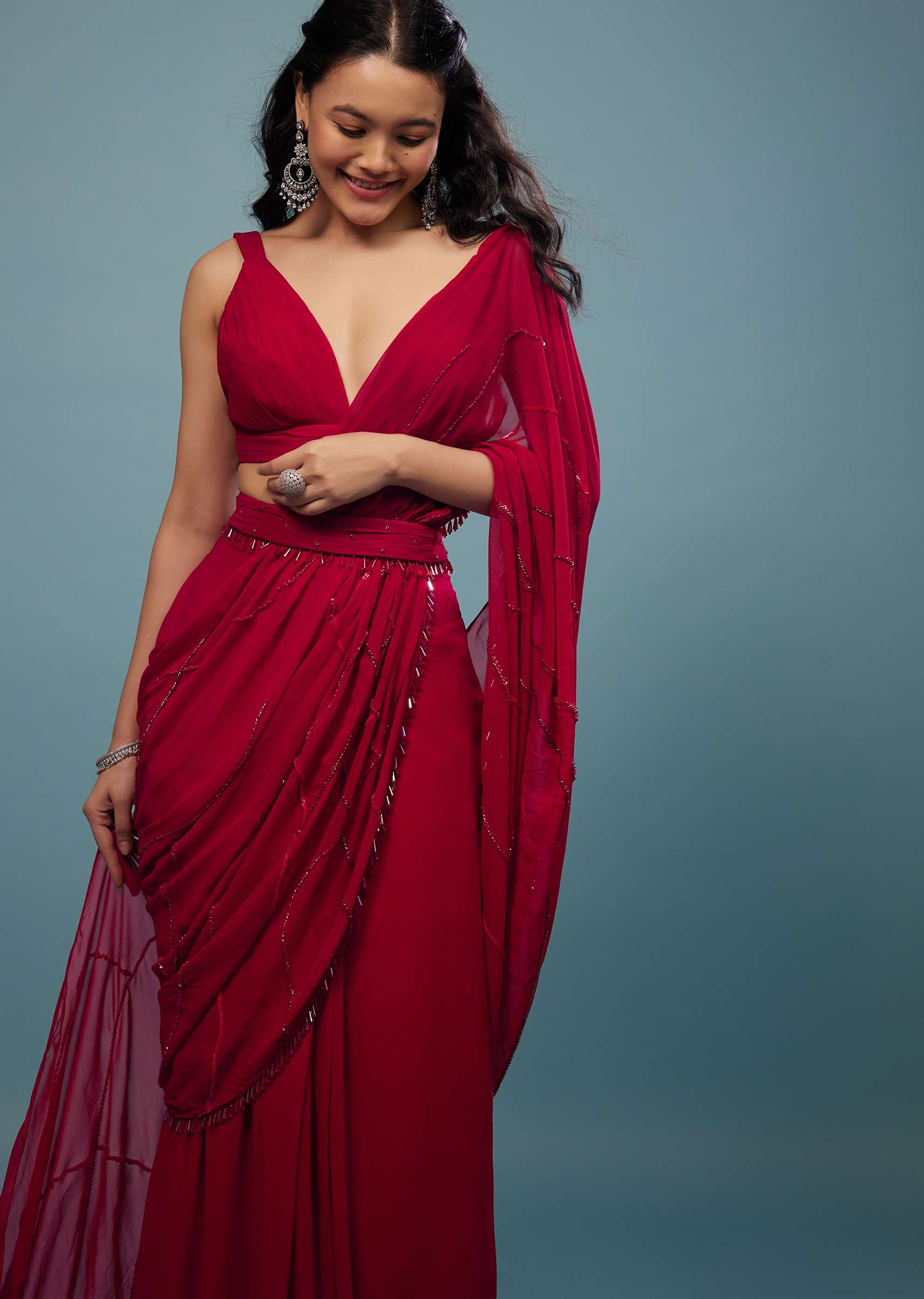 Blood Red Ready-Pleated Saree In Georgette - Image 2