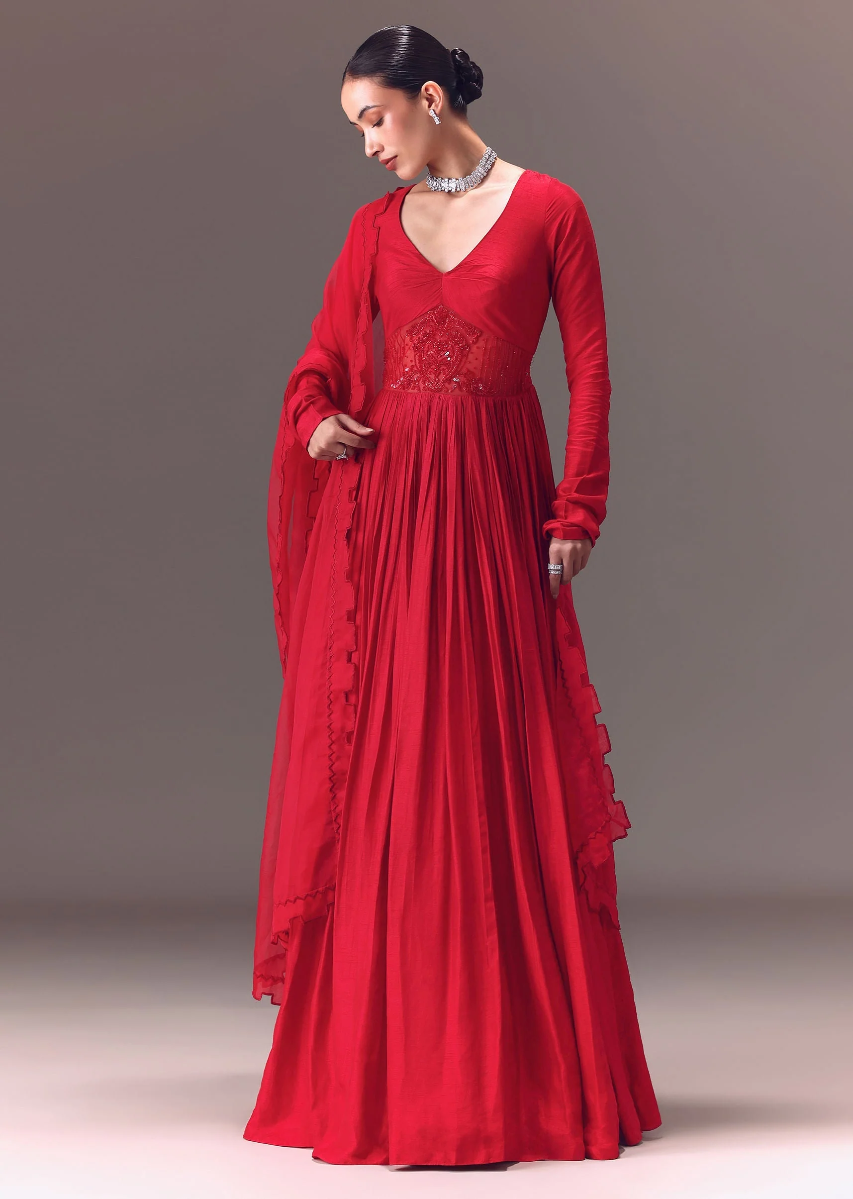 Crimson Red Ruched Embroidered Suit With Dupatta - Image 3