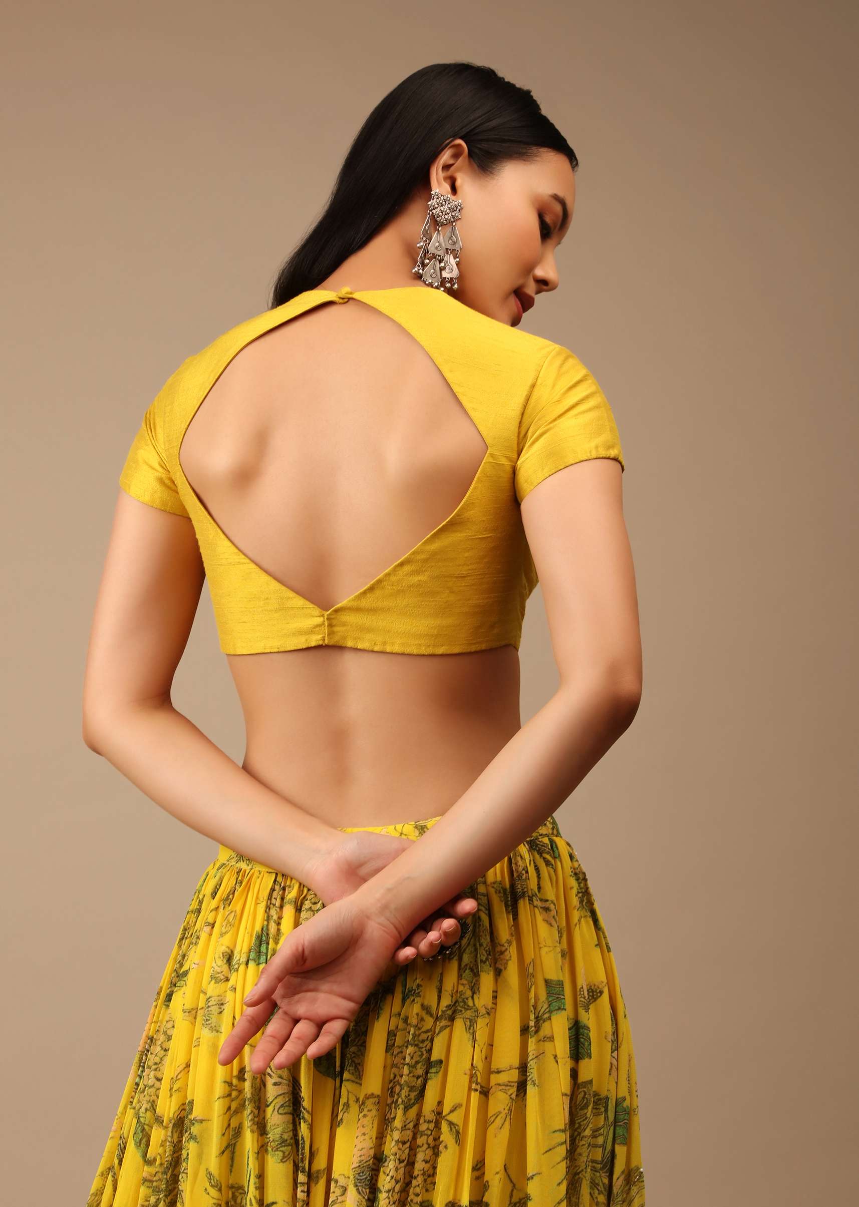 Dandelion Yellow Blouse In Raw Silk With Cap Sleeves And Keyhole Neckline - Image 2