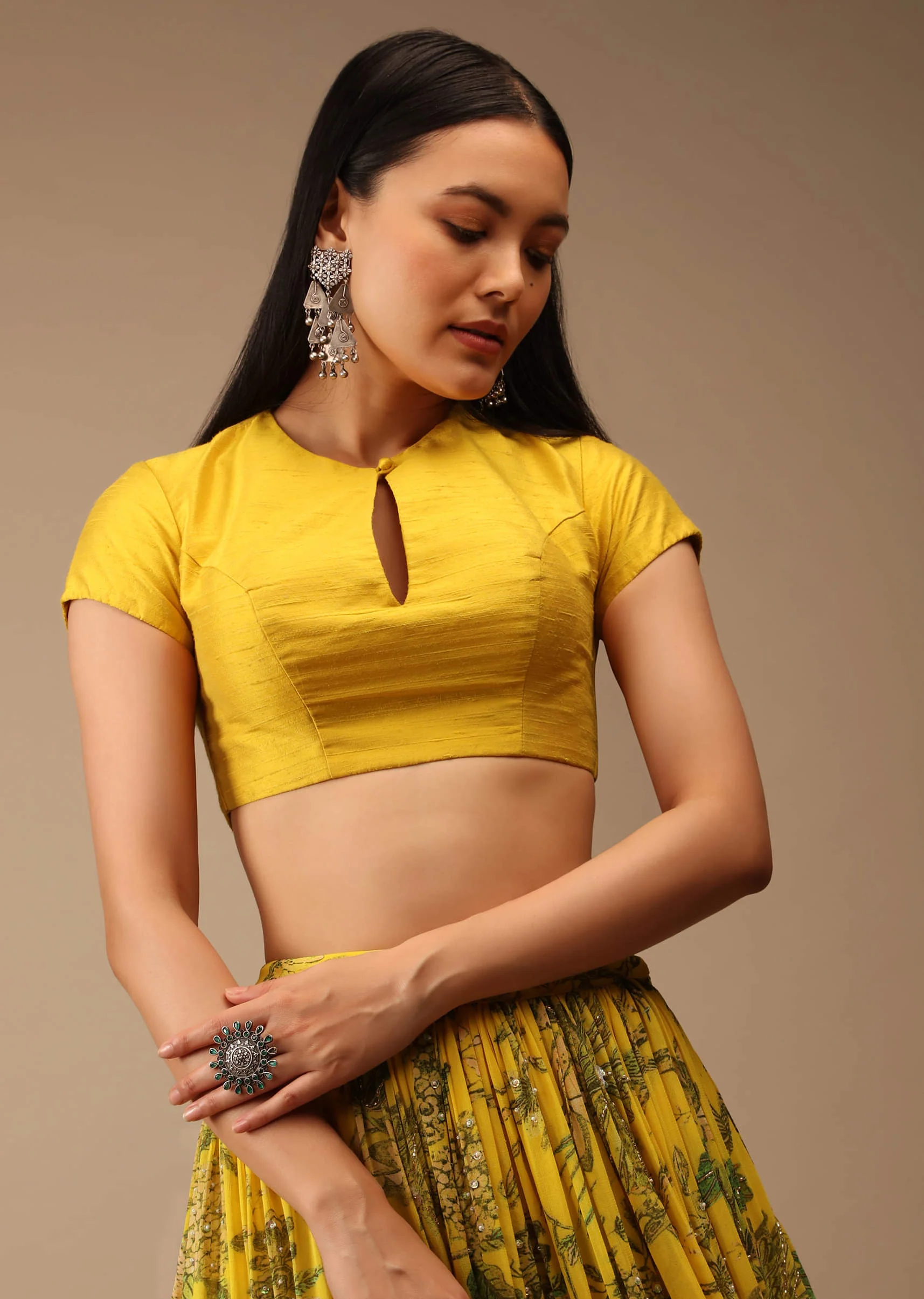 Dandelion Yellow Blouse In Raw Silk With Cap Sleeves And Keyhole Neckline - Image 6