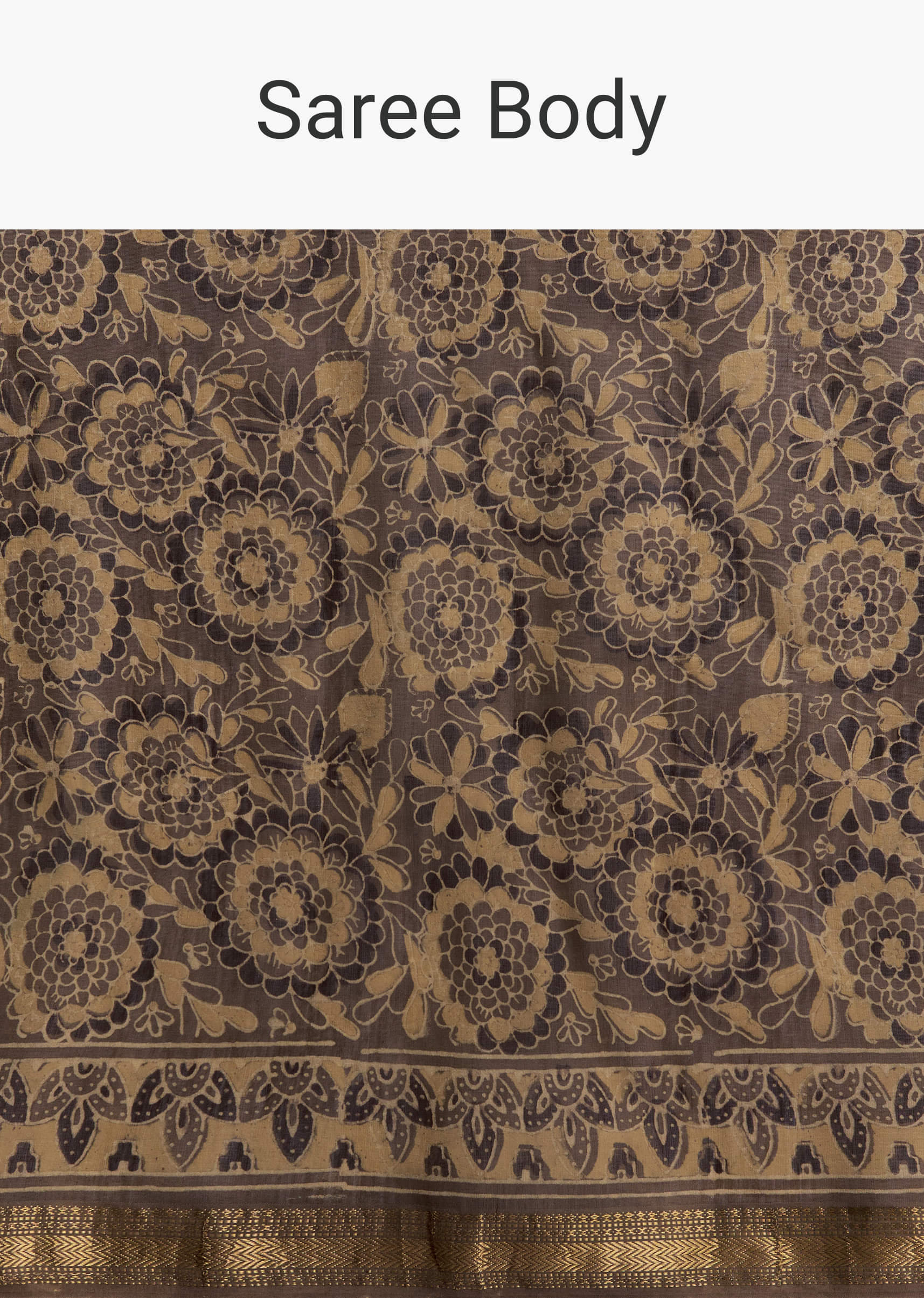 Dark Beige Linen Printed Saree With Authentic Floral Ajrakh Print - Image 9