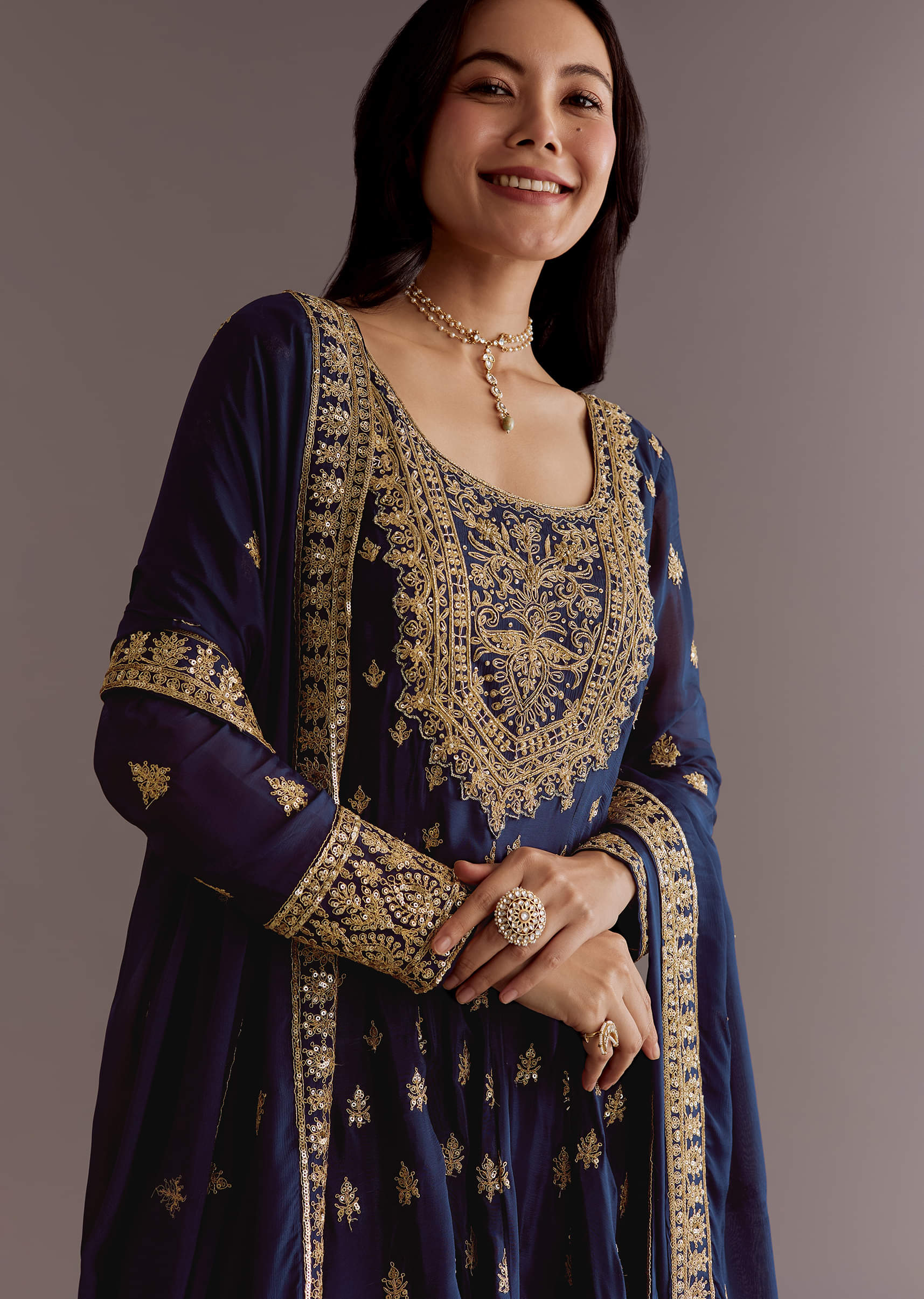 Dark Blue Chinon Zari Embroidered Anarkali Suit With Dupatta - Image 2