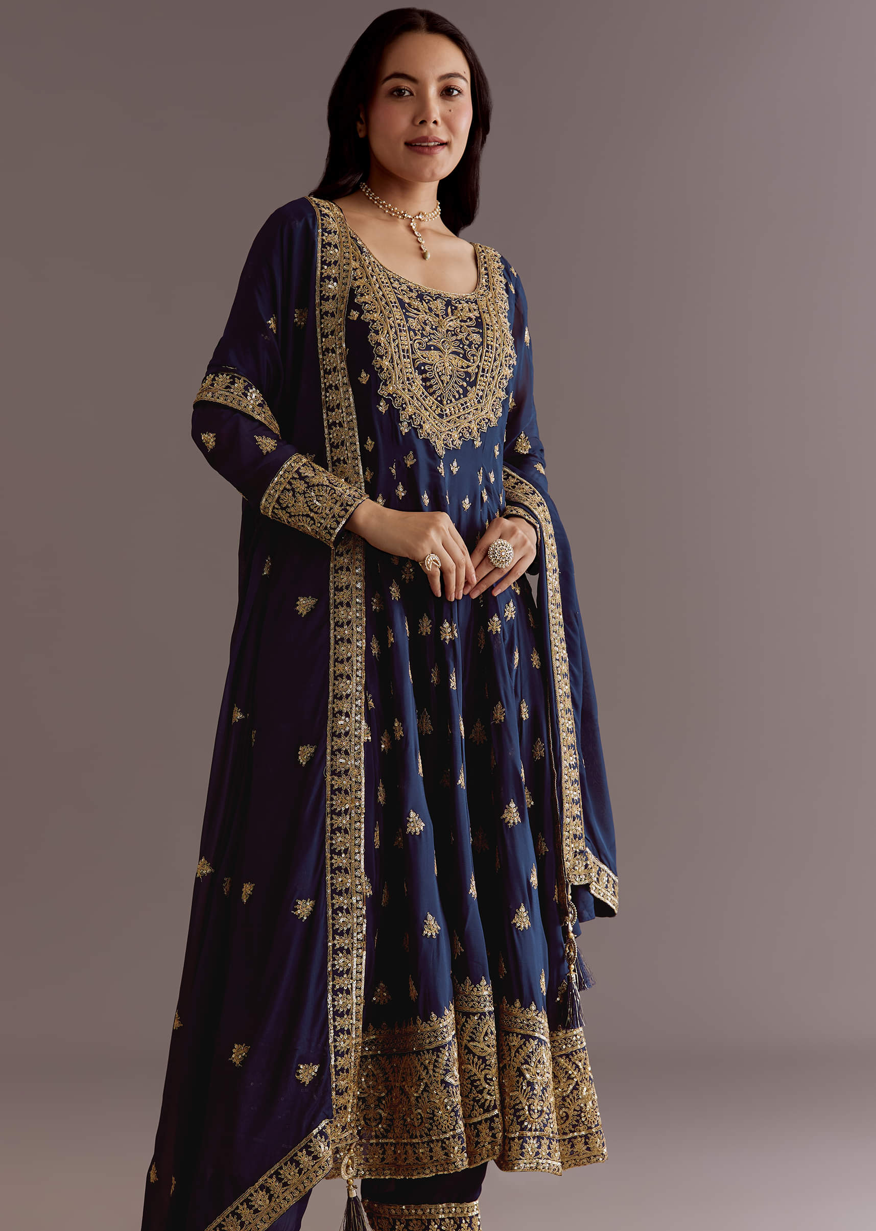 Dark Blue Chinon Zari Embroidered Anarkali Suit With Dupatta - Image 3