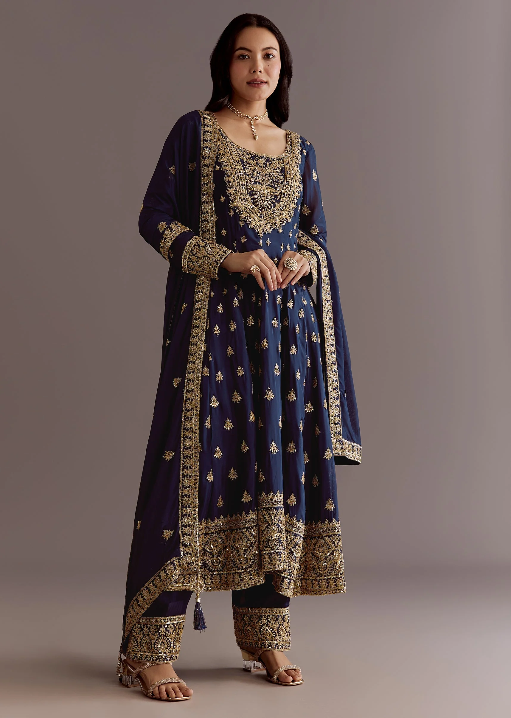 Dark Blue Chinon Zari Embroidered Anarkali Suit With Dupatta - Image 4