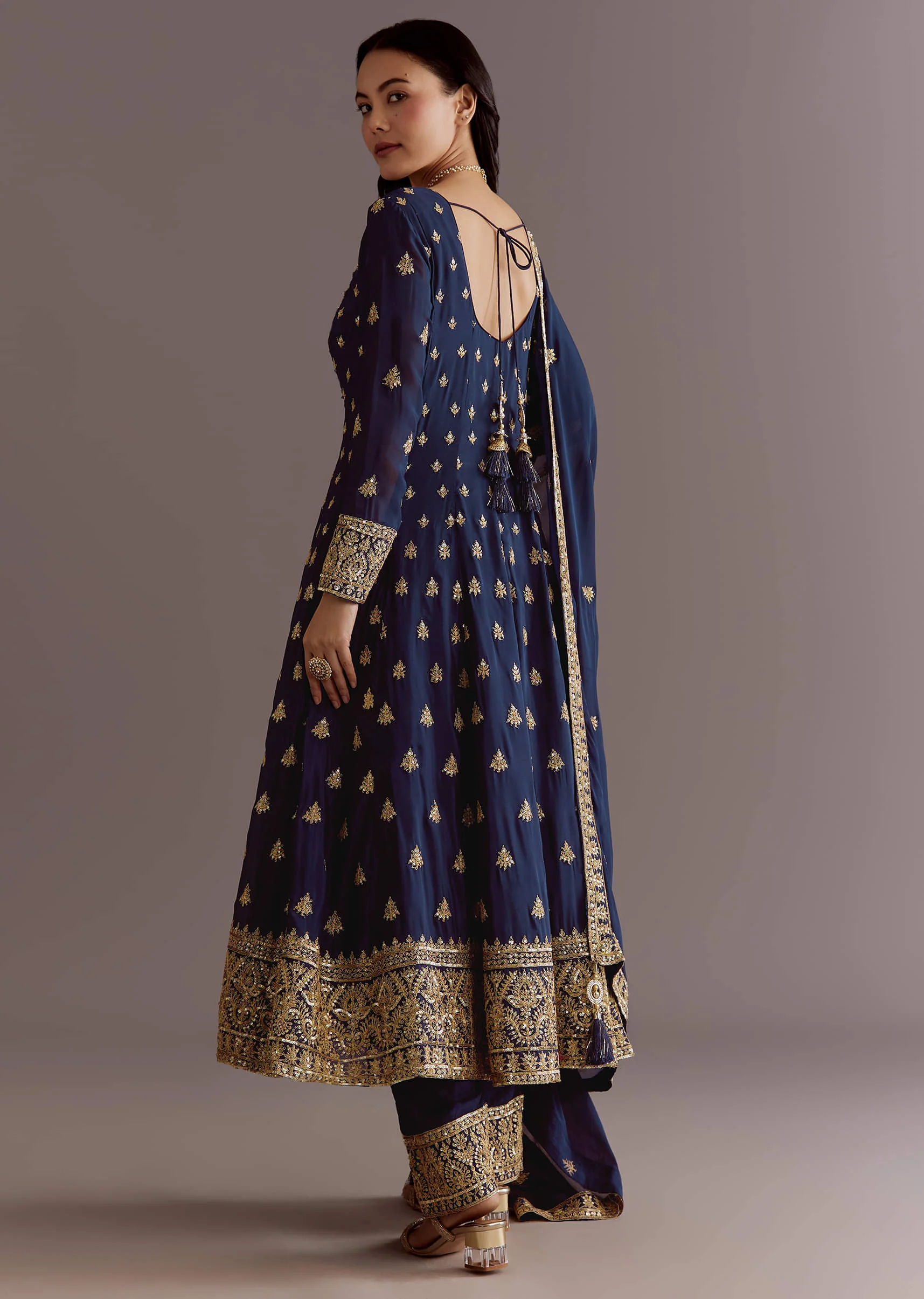 Dark Blue Chinon Zari Embroidered Anarkali Suit With Dupatta - Image 5