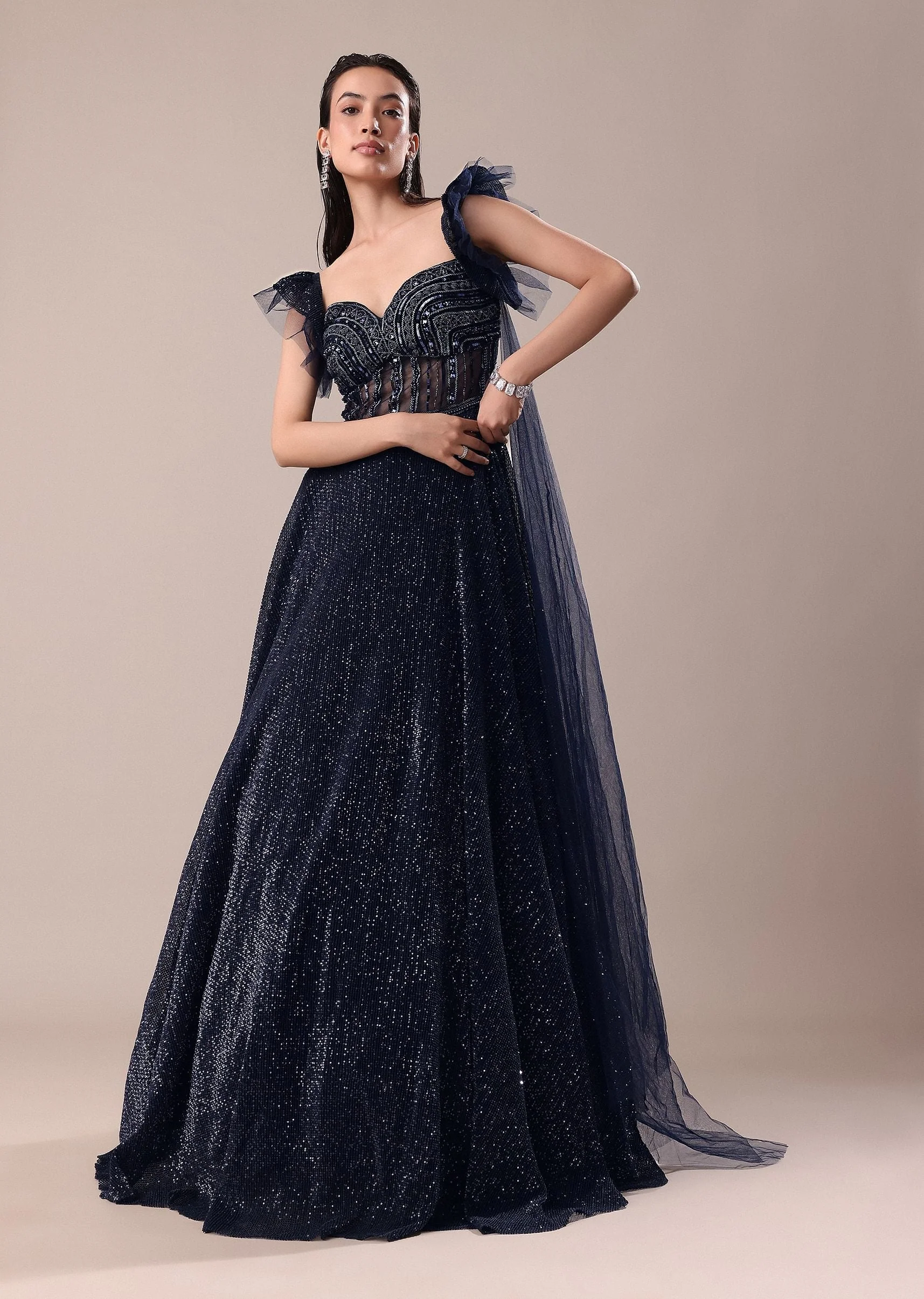 Dark Blue Embroidered Gown With Wings - Image 3