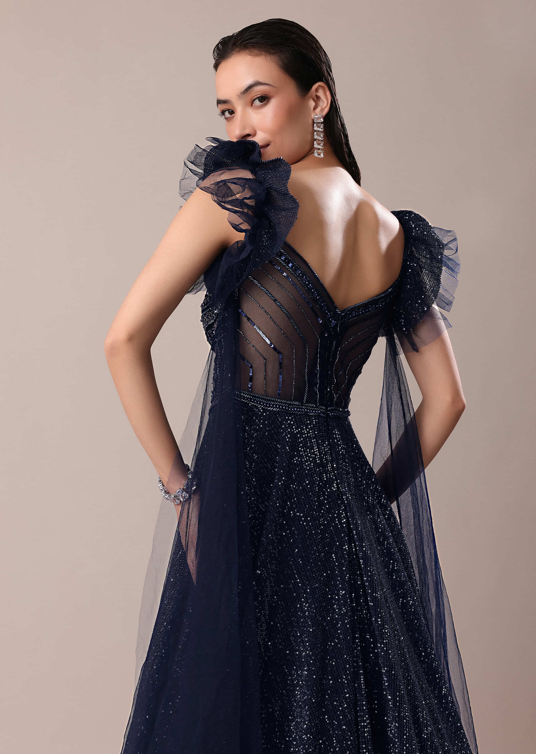 Dark Blue Embroidered Gown With Wings - Image 4