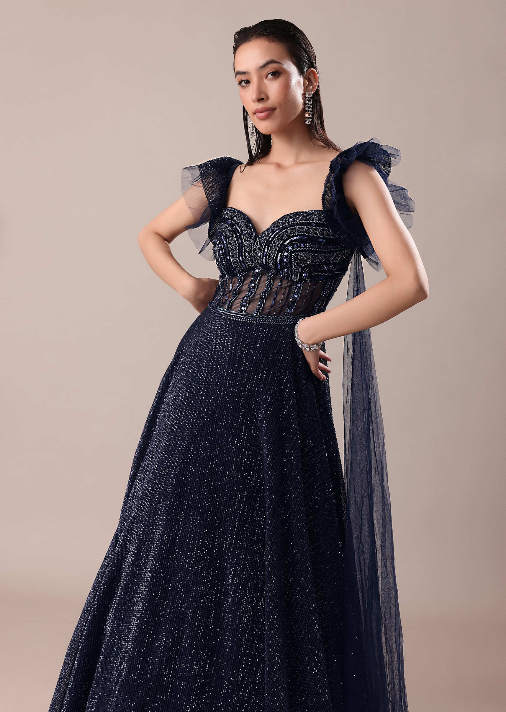 Dark Blue Embroidered Gown With Wings - Image 5