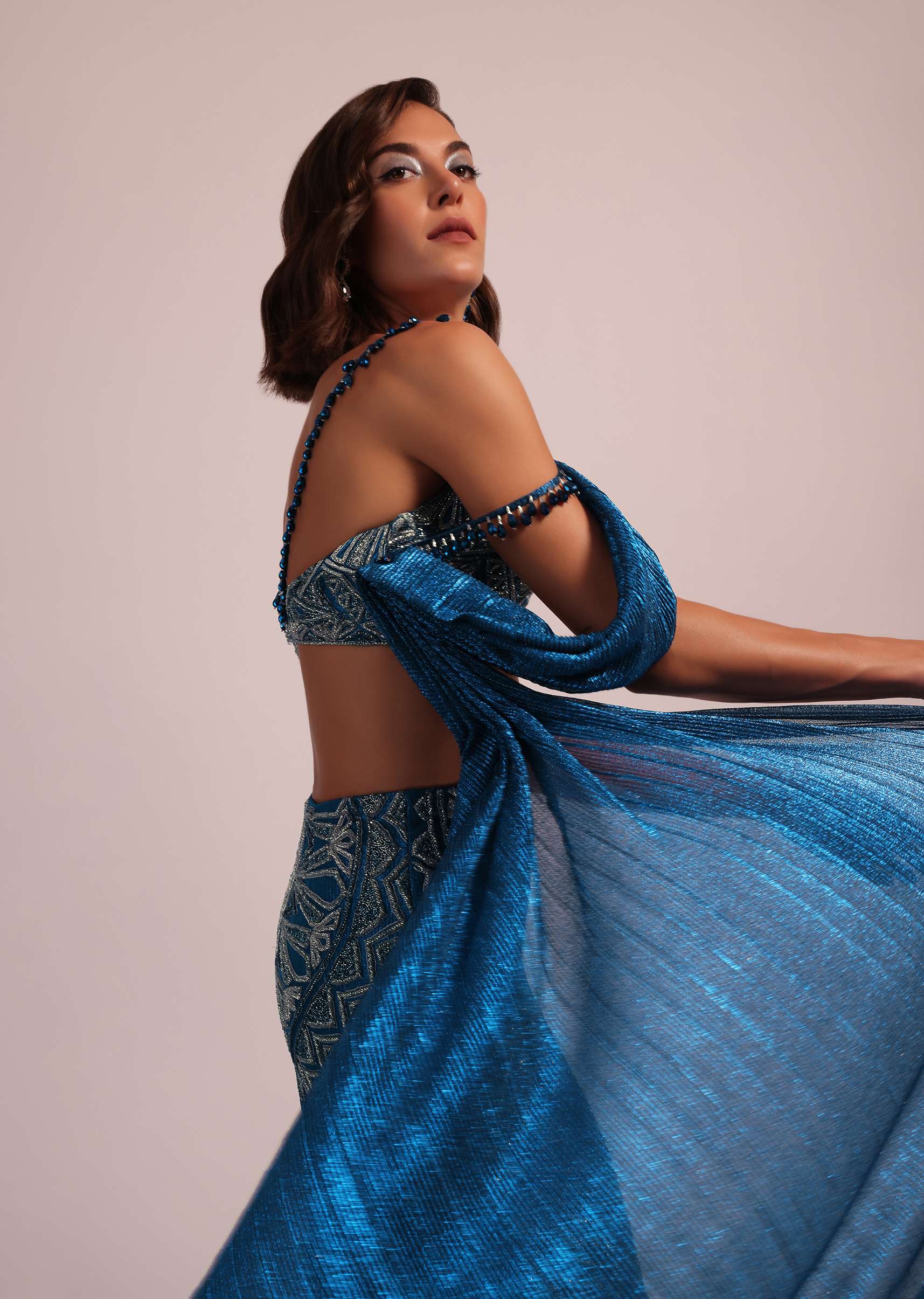 Dark Blue Fish Cut Bridal Lehenga Set In Net With Attached Cape - Image 4