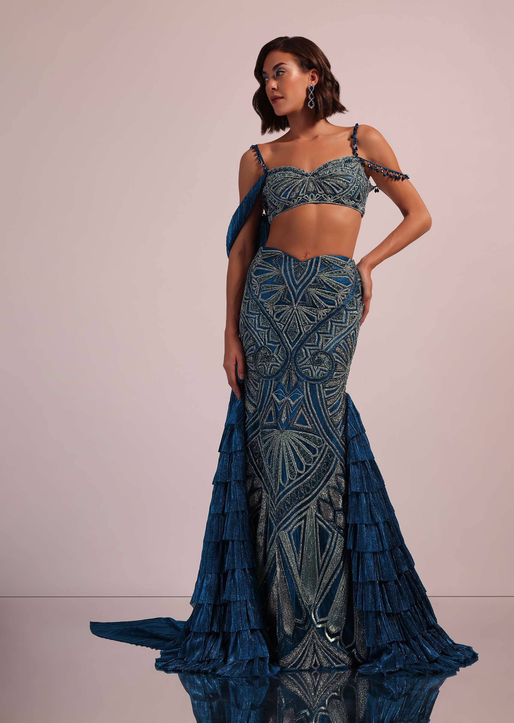 Dark Blue Fish Cut Bridal Lehenga Set In Net With Attached Cape - Image 5