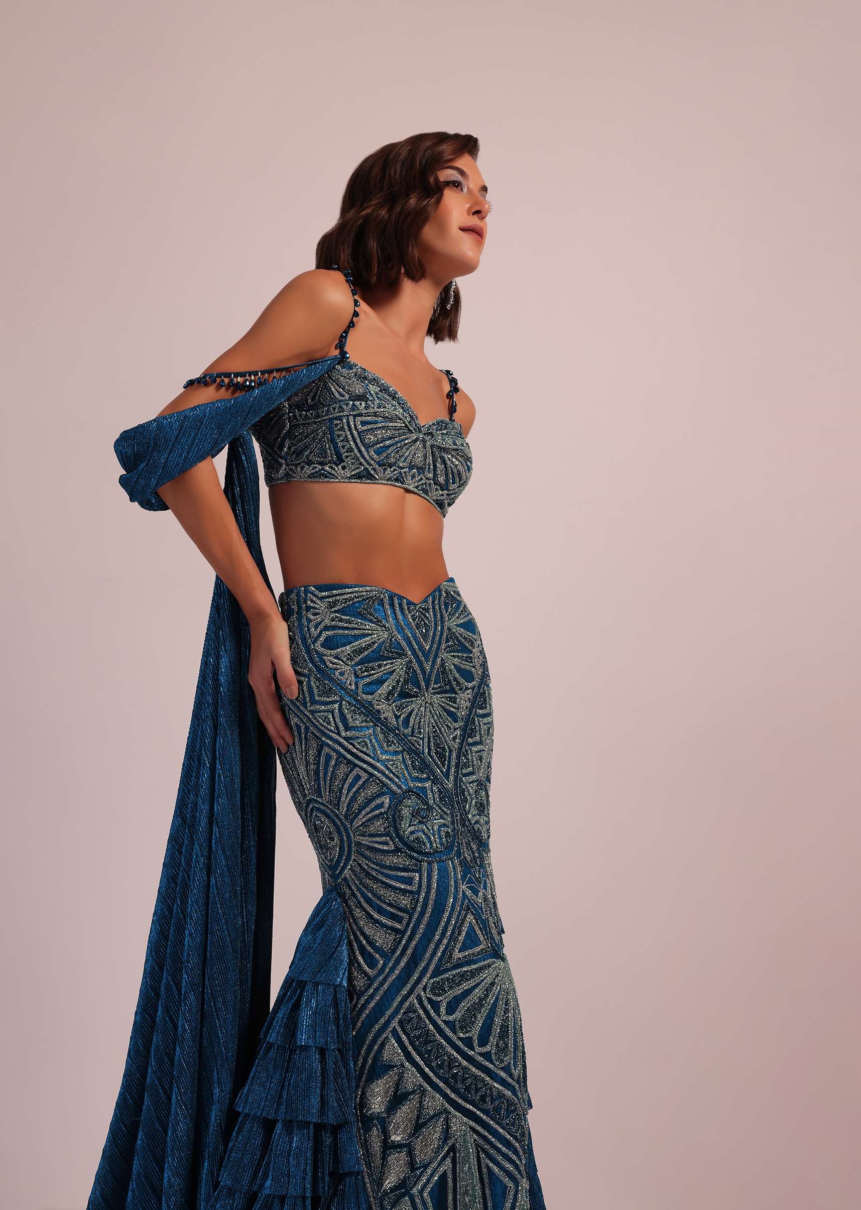 Dark Blue Fish Cut Bridal Lehenga Set In Net With Attached Cape - Image 6