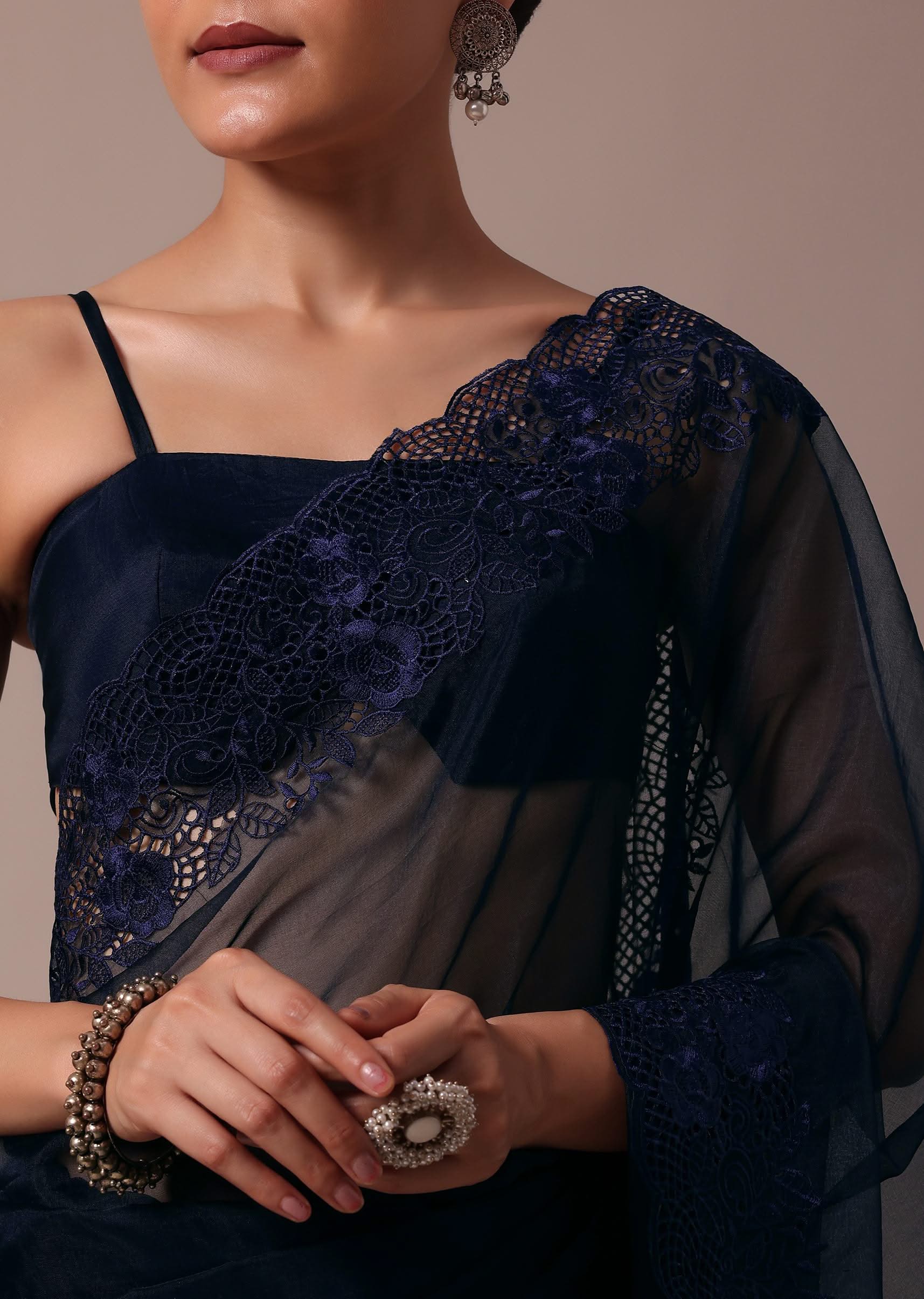 Dark Blue Organza Embroidered Saree With Unstitched Blouse - Image 2