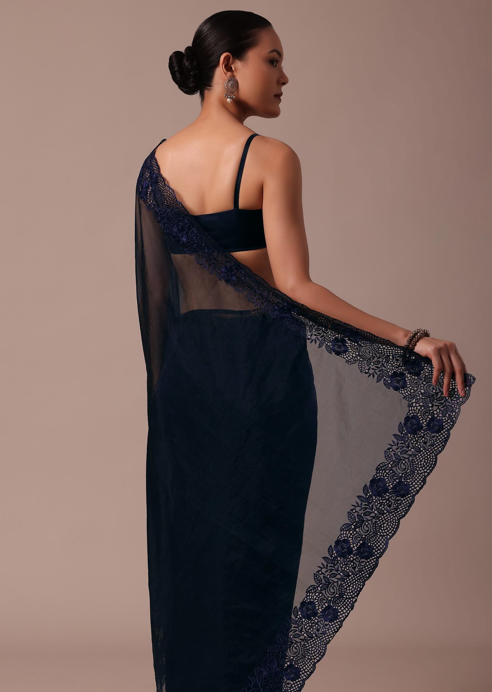 Dark Blue Organza Embroidered Saree With Unstitched Blouse - Image 6