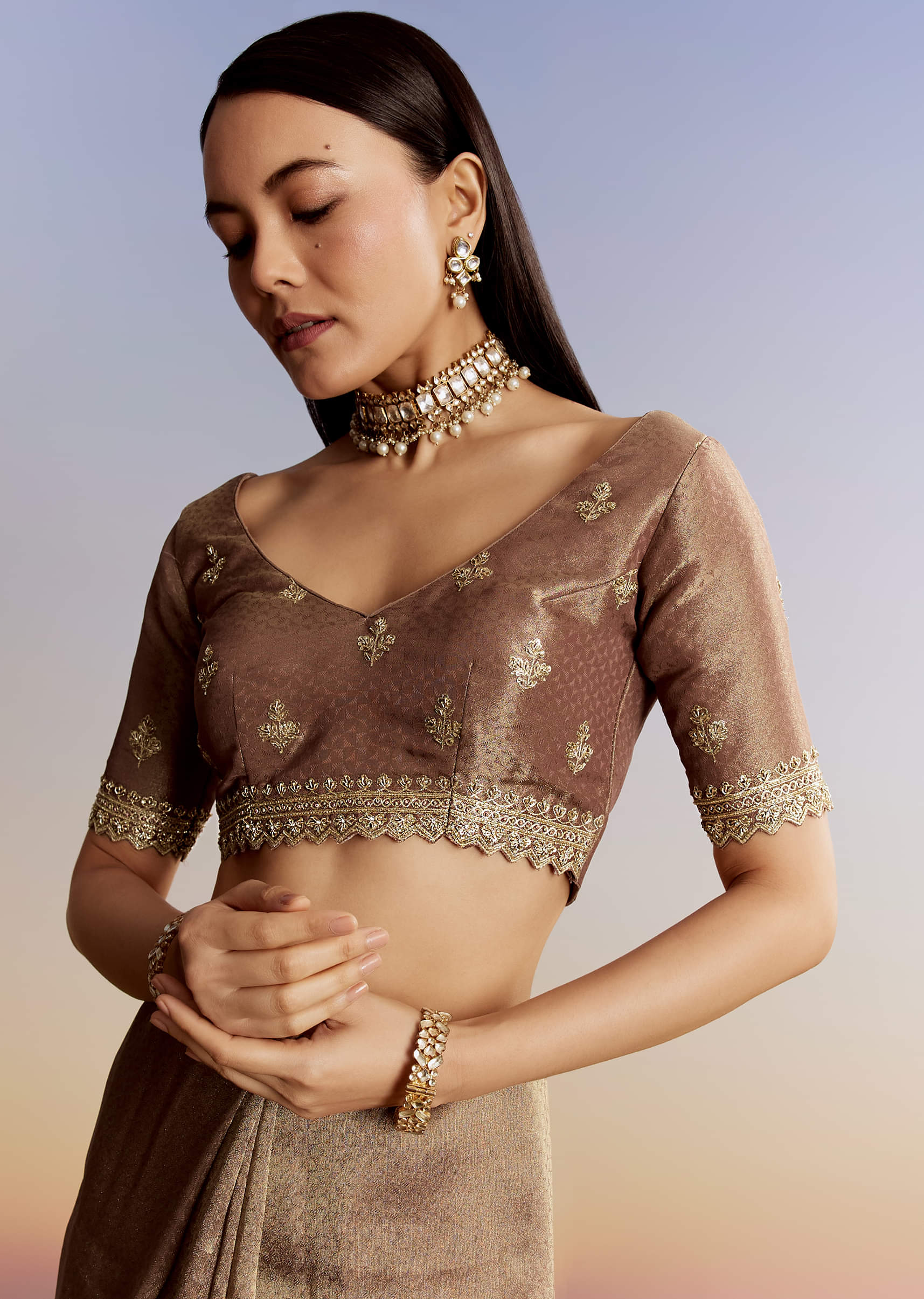 Dark Brown Jacquard Tissue Saree With Zigzag Zardosi Border - Image 7