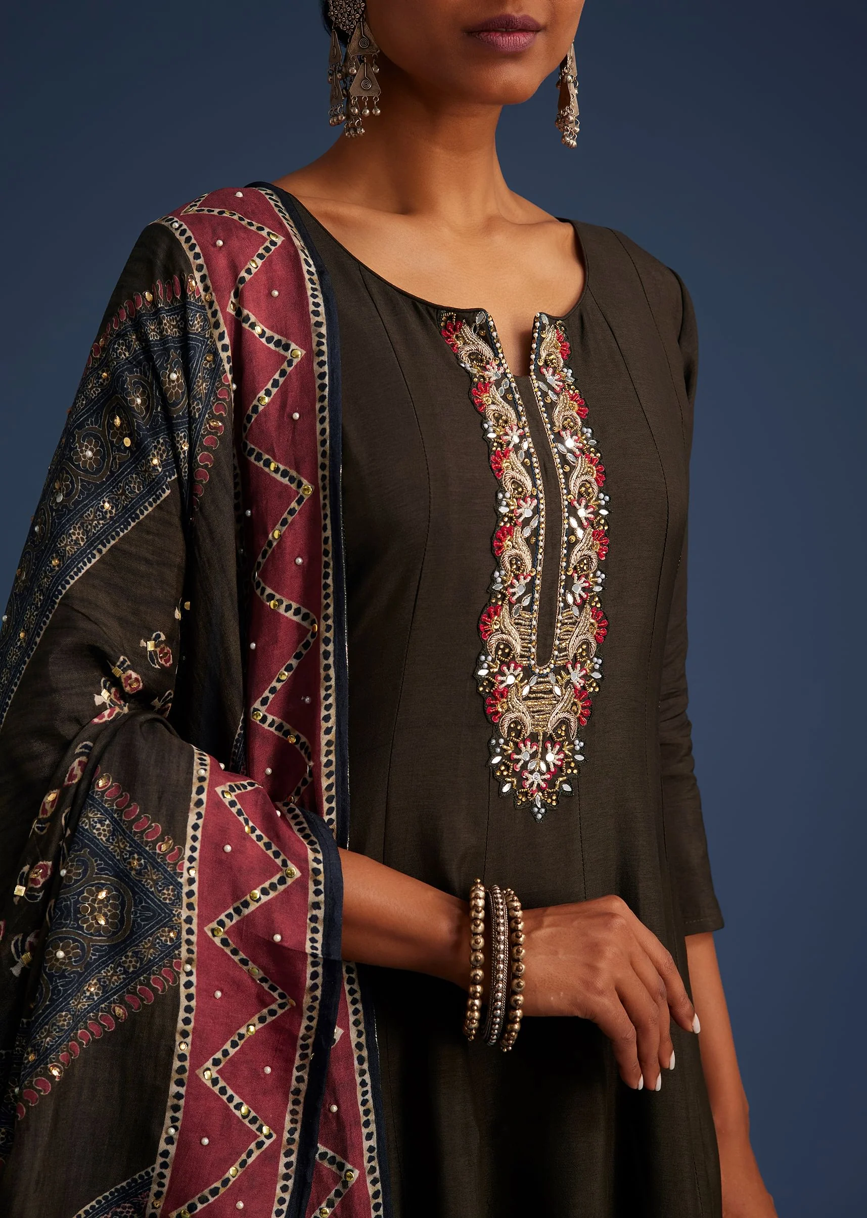 Dark Brown Silk Anarkali Set With Ajrakh Print Dupatta - Image 2