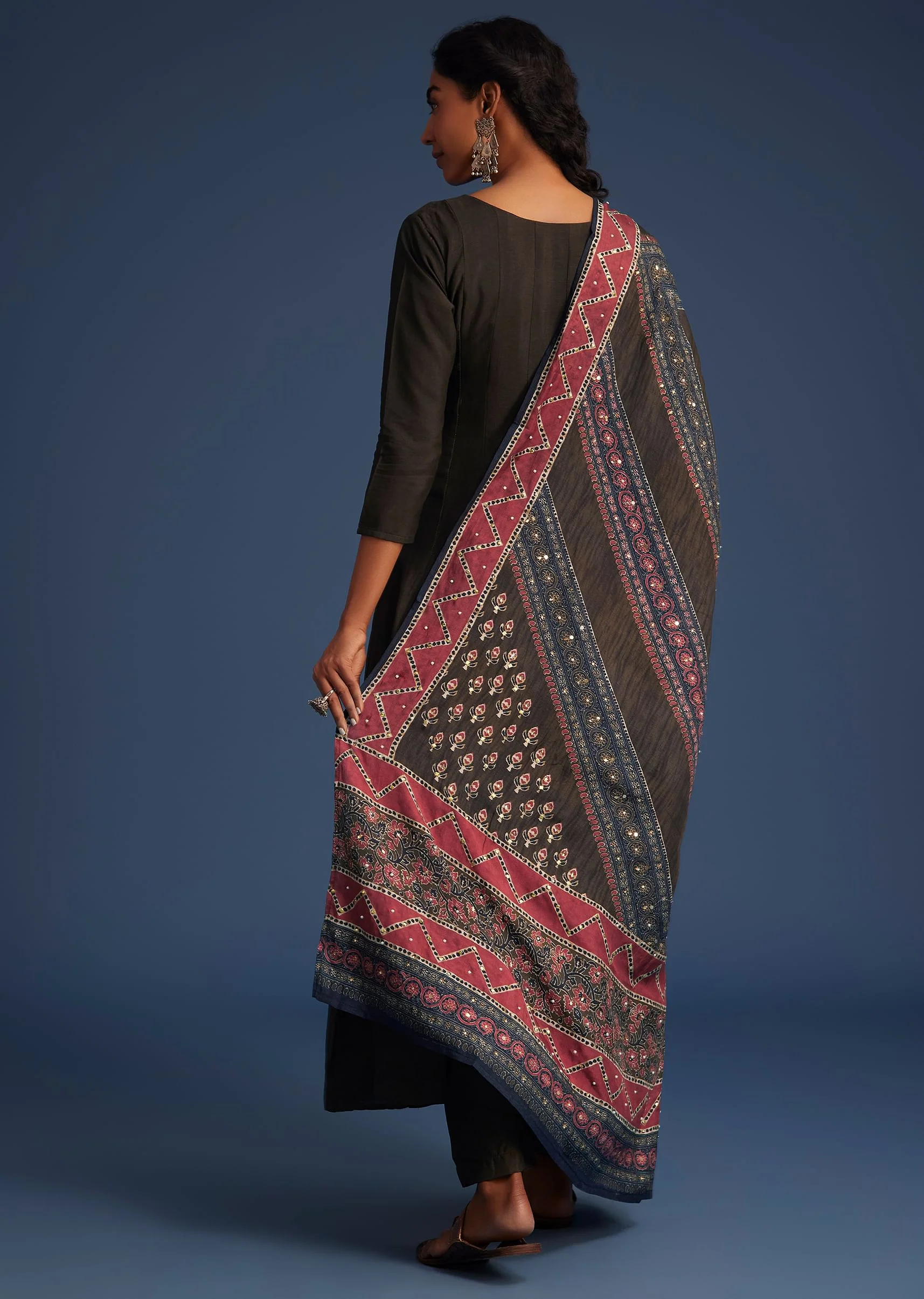 Dark Brown Silk Anarkali Set With Ajrakh Print Dupatta - Image 5