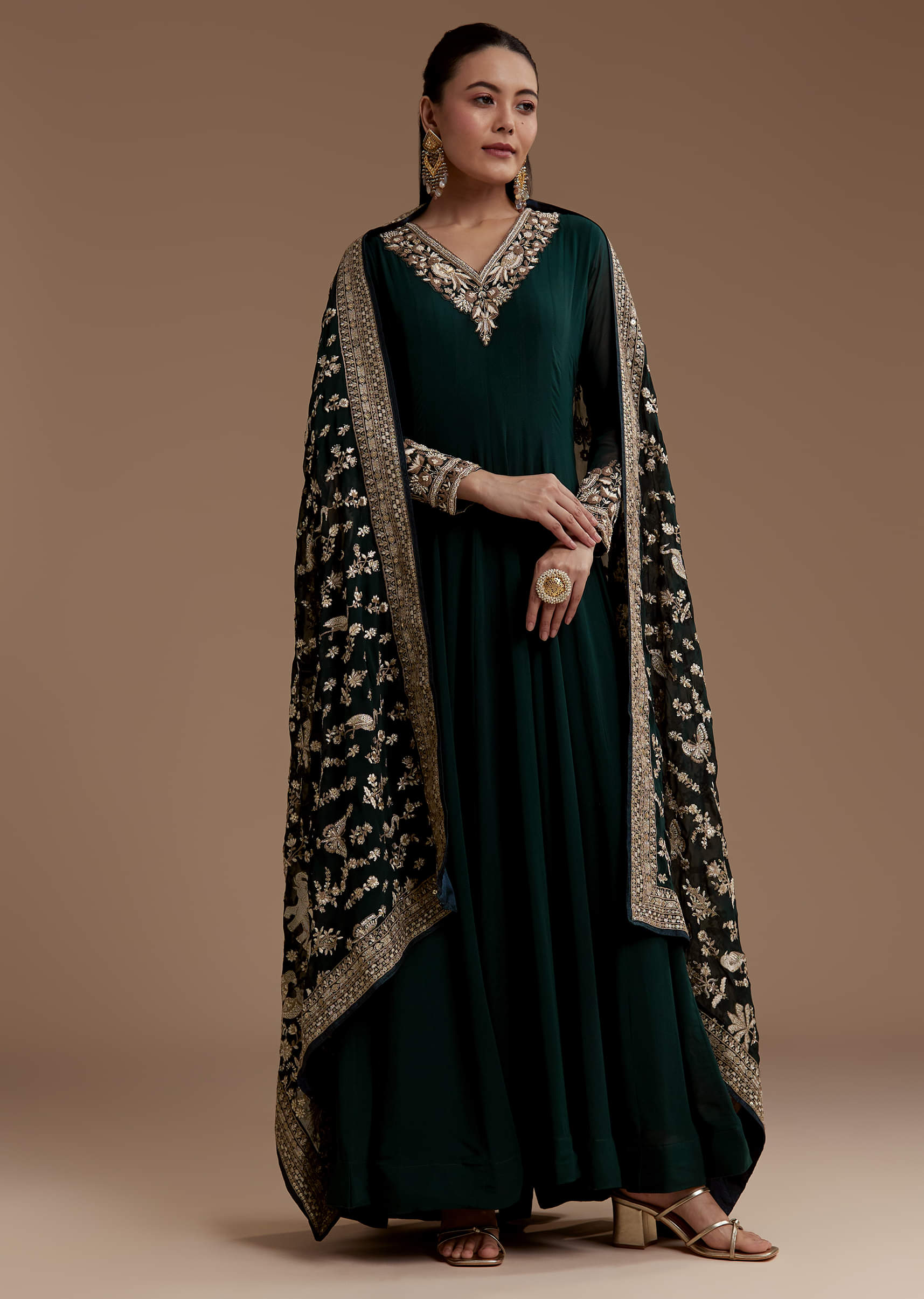 Dark Green Anarkali Set with Sequin Work - Image 3