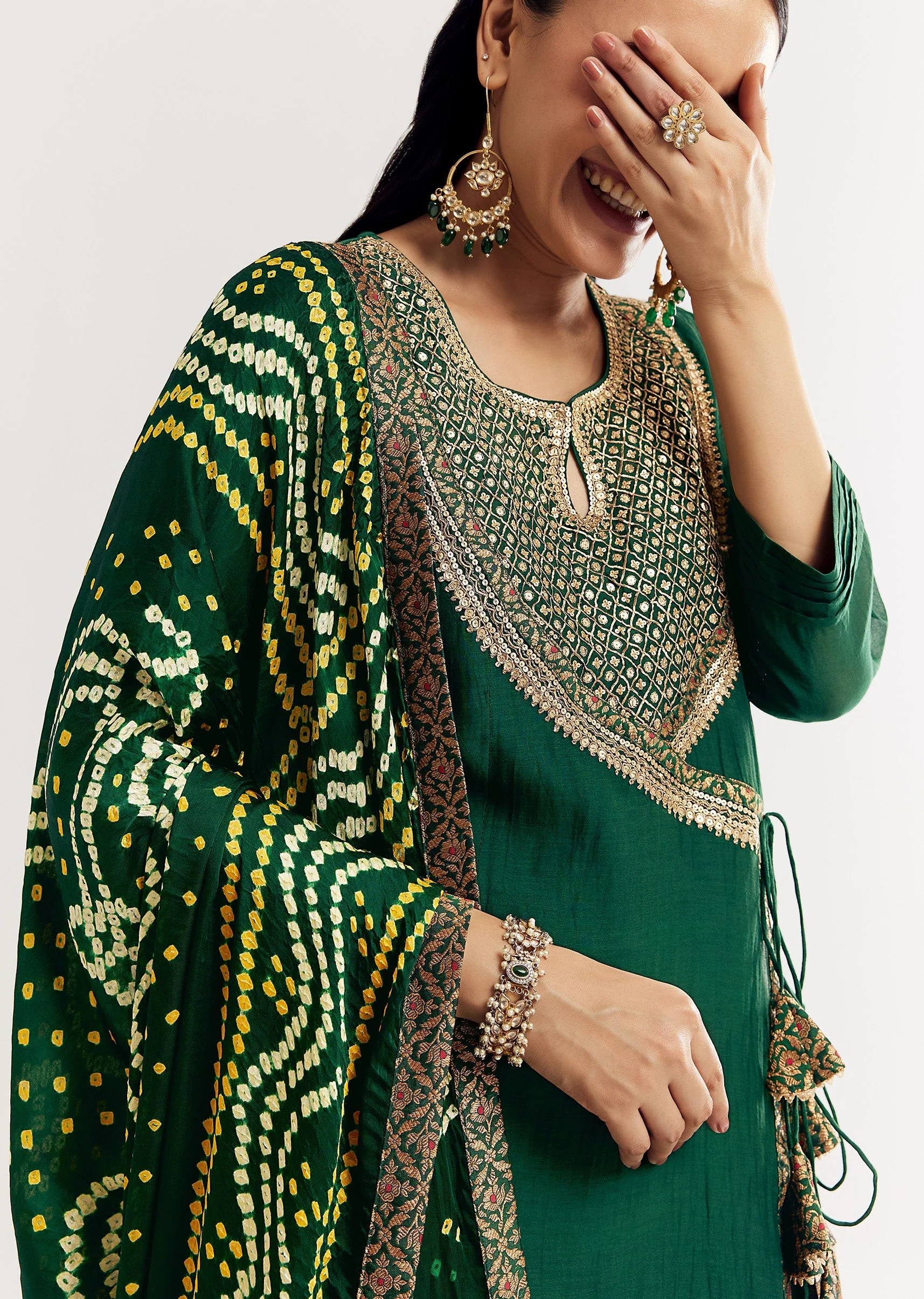 Dark Green Angrakha Kurta Set With Bandhani Dupatta - Image 3