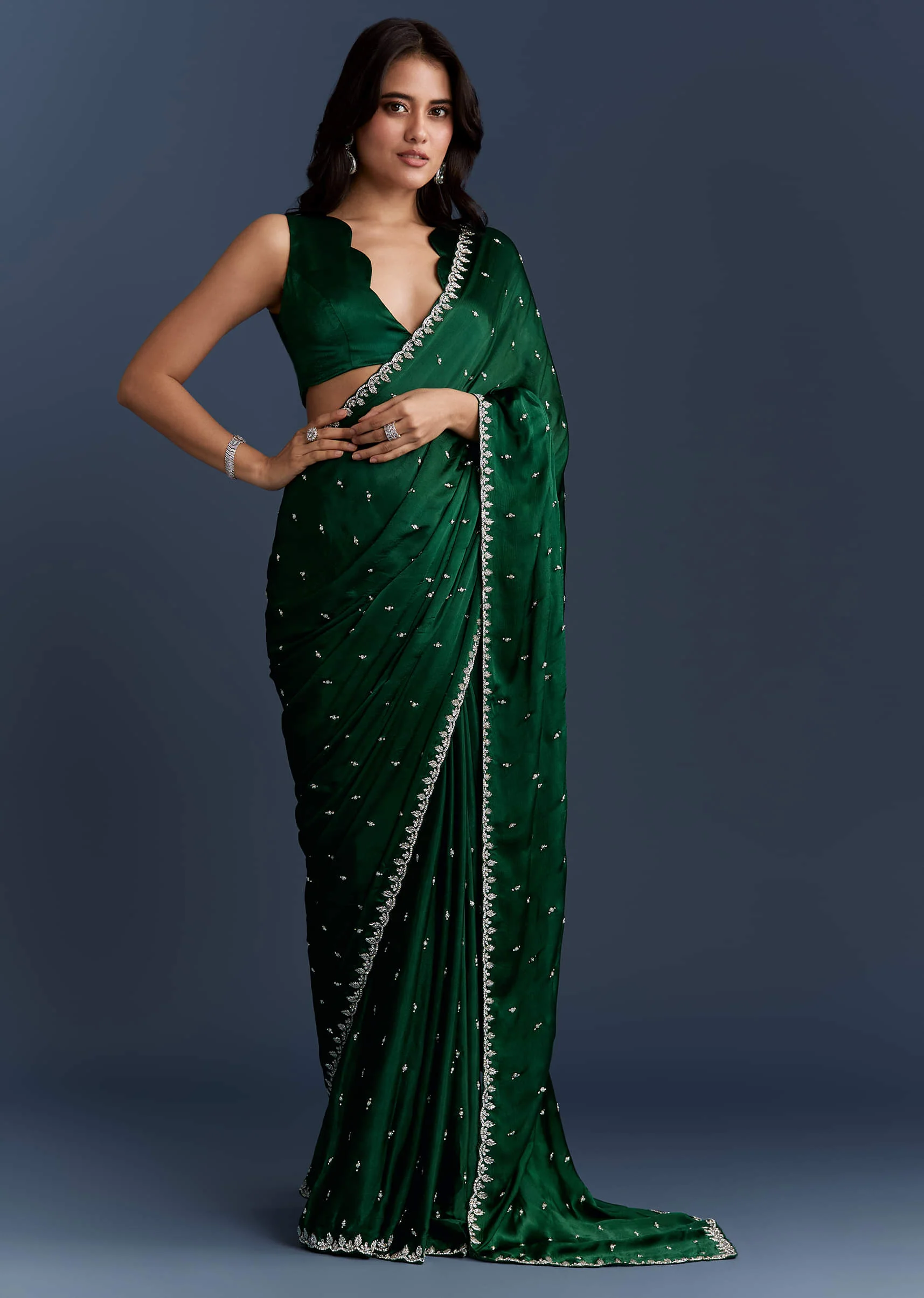 Dark Green Chinon Embroidered Saree With Intricate Hand Embroidery - Image 3