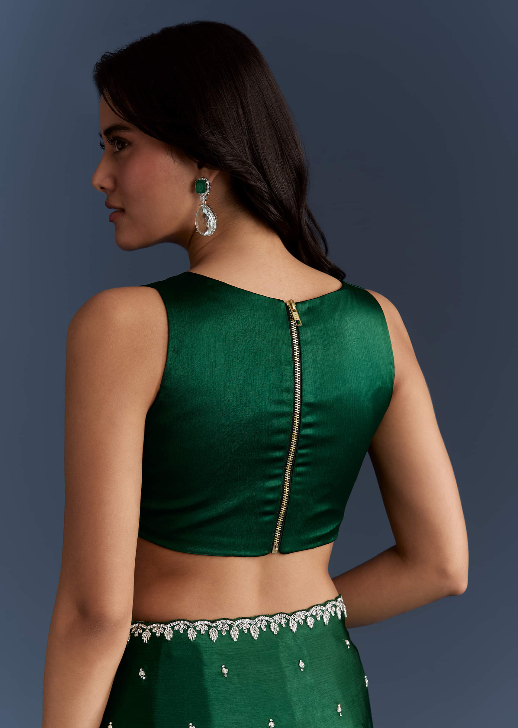 Dark Green Chinon Embroidered Saree With Intricate Hand Embroidery - Image 8