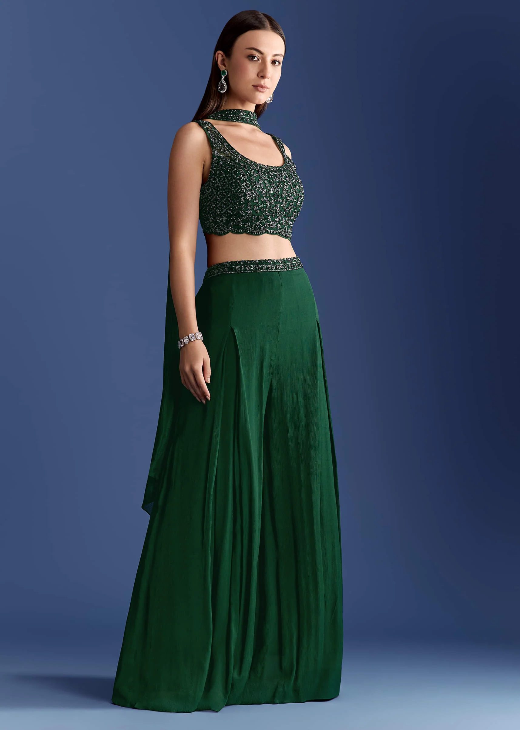 Dark Green Chinon Palazzo Set With Cutdana Croptop And Choker Dupatta - Image 2
