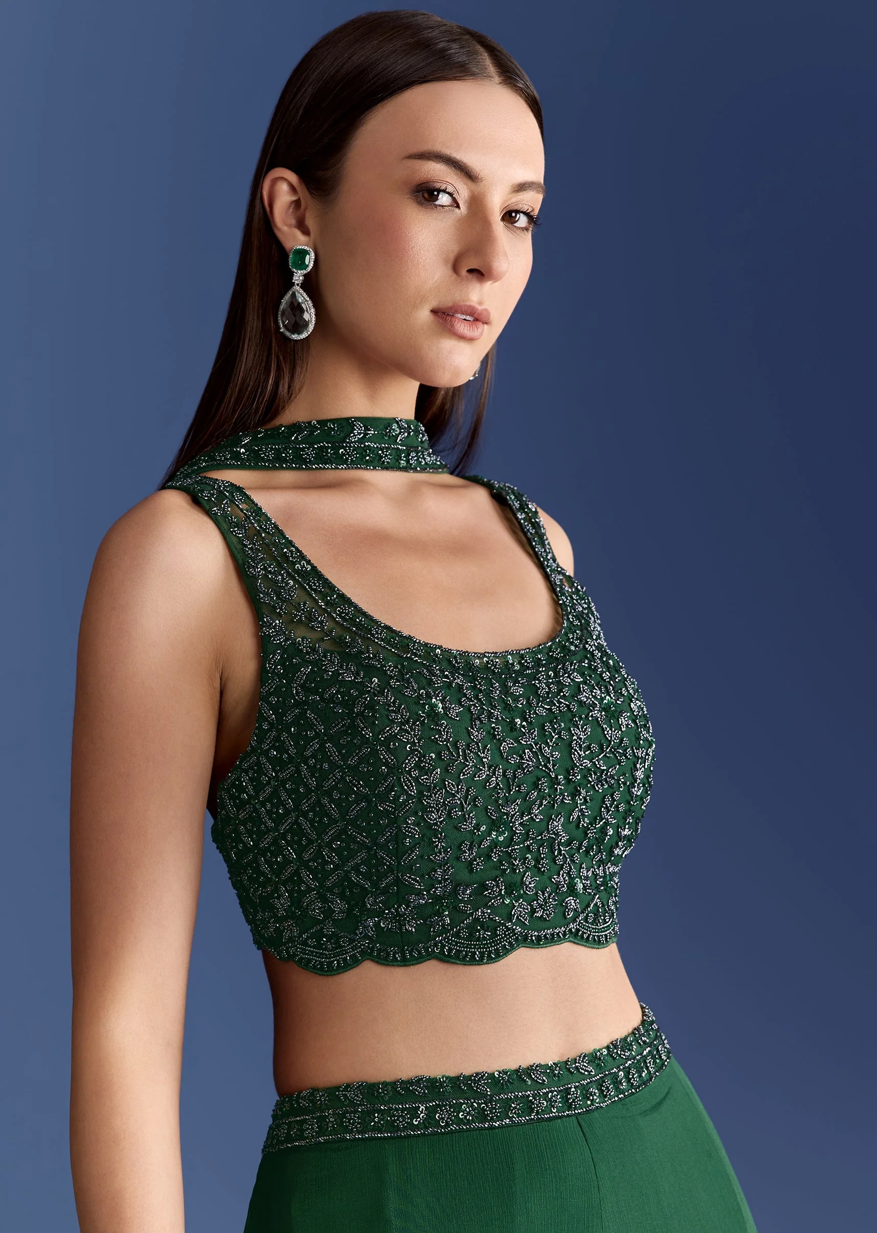 Dark Green Chinon Palazzo Set With Cutdana Croptop And Choker Dupatta - Image 3