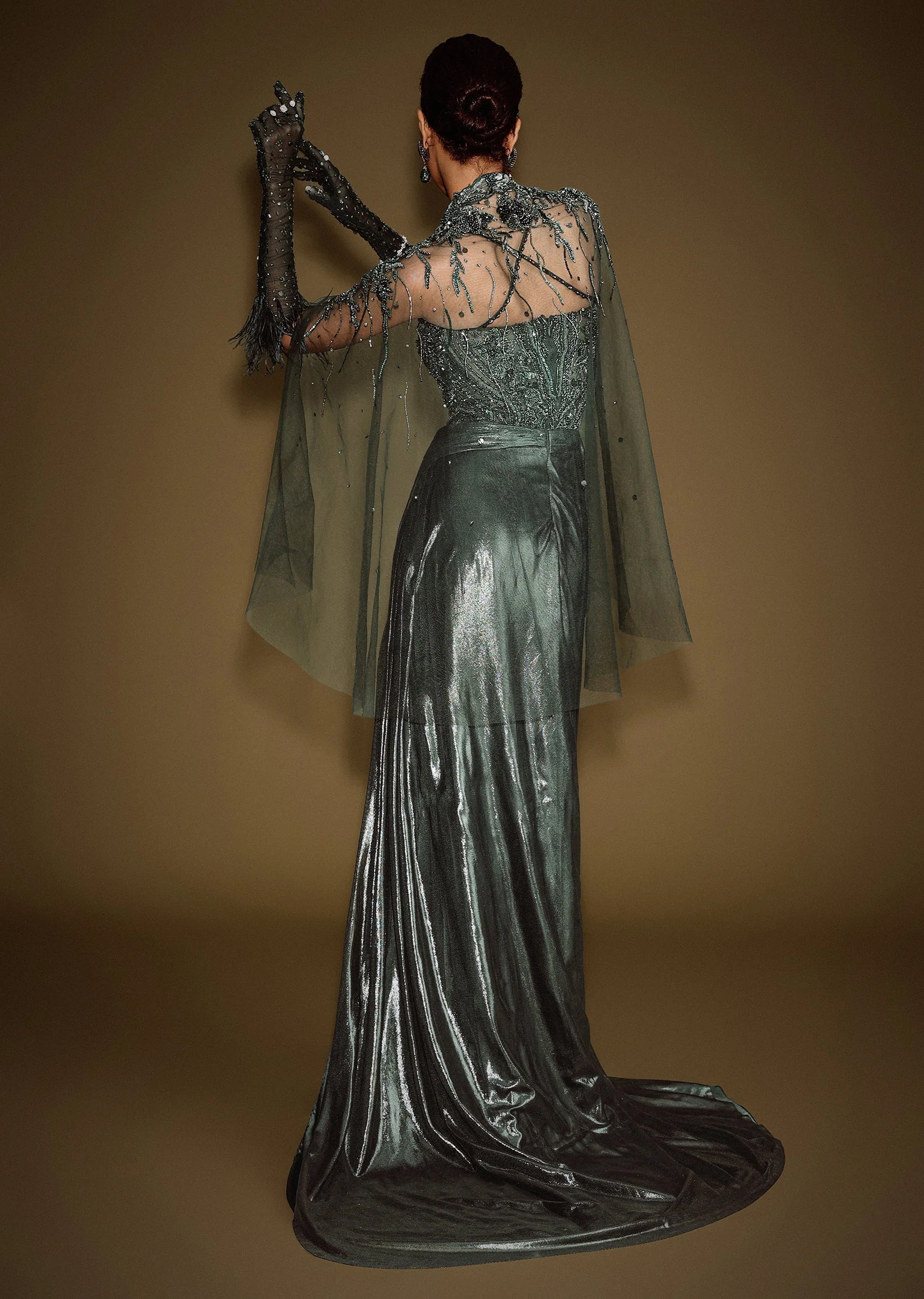 Dark Green Corset Drape Gown With Embroidered Cape - Image 2
